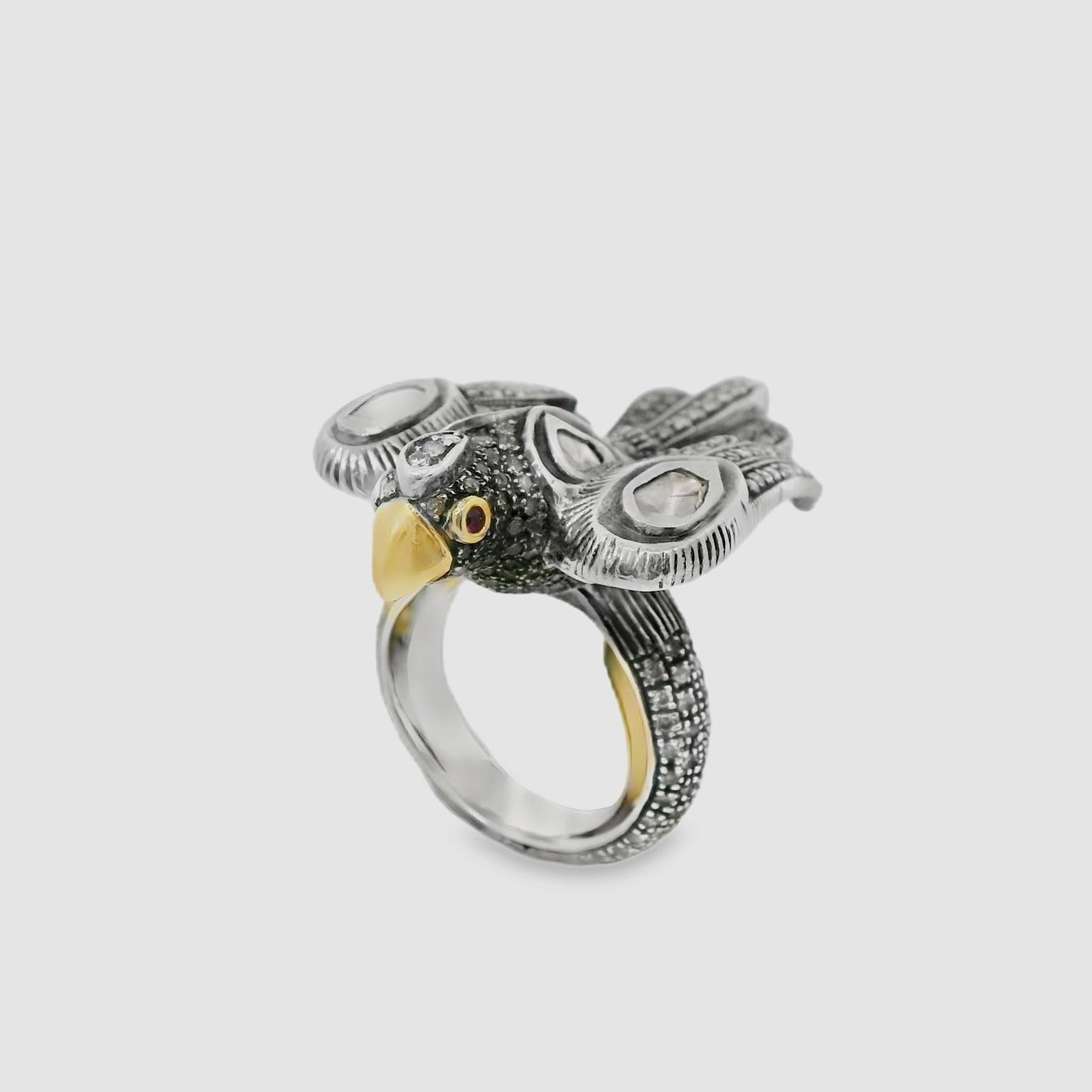 Rose Cut Bibi van der Velden bird gold & silver ring For Sale