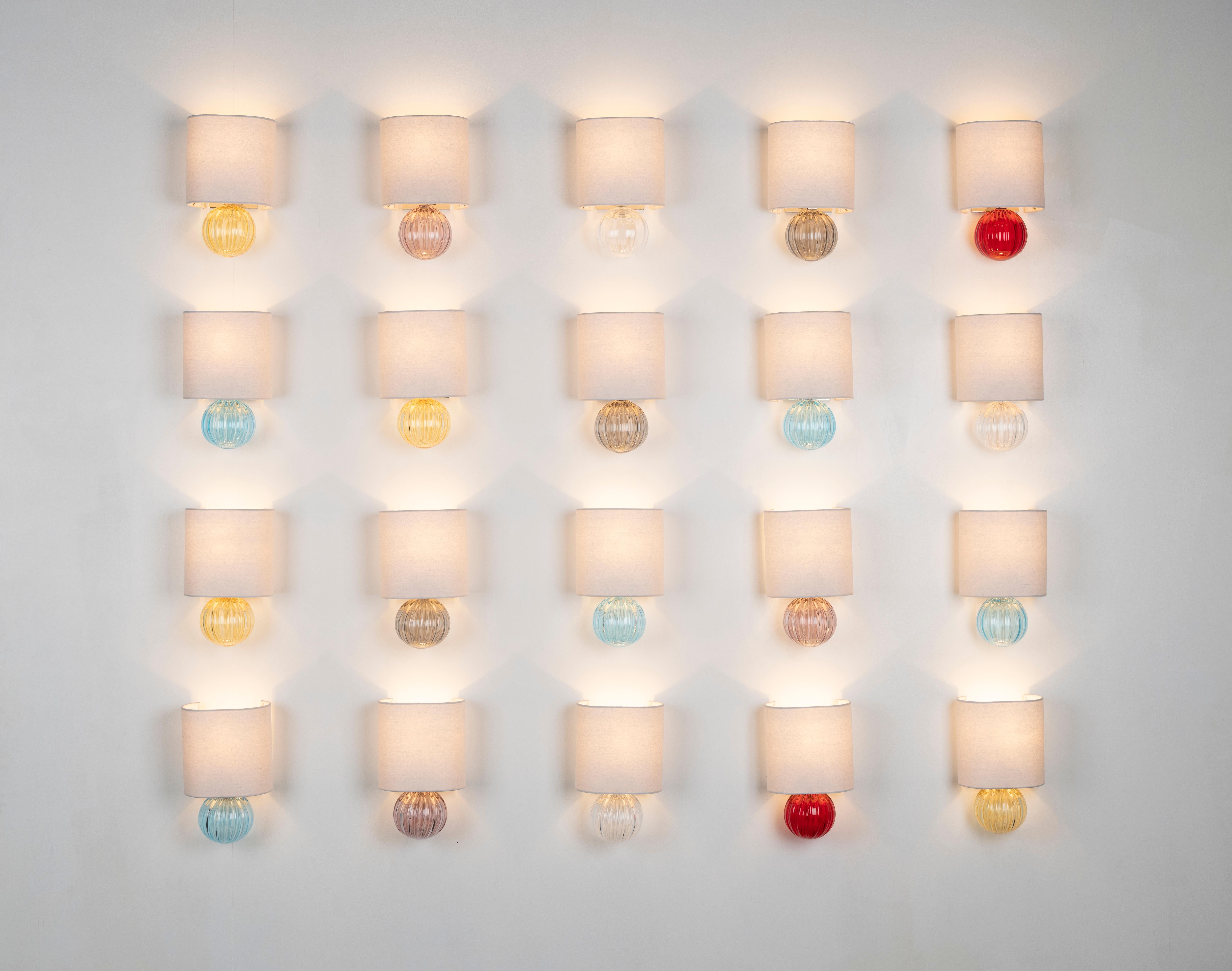 Natural linen cylindrical shade with a whimsical fluted glass detail - available in six delicious colors - balanced on a linear frame of mirrored nice nickel or bossy brass.

LUXE lighting collections are handcrafted from the finest materials,