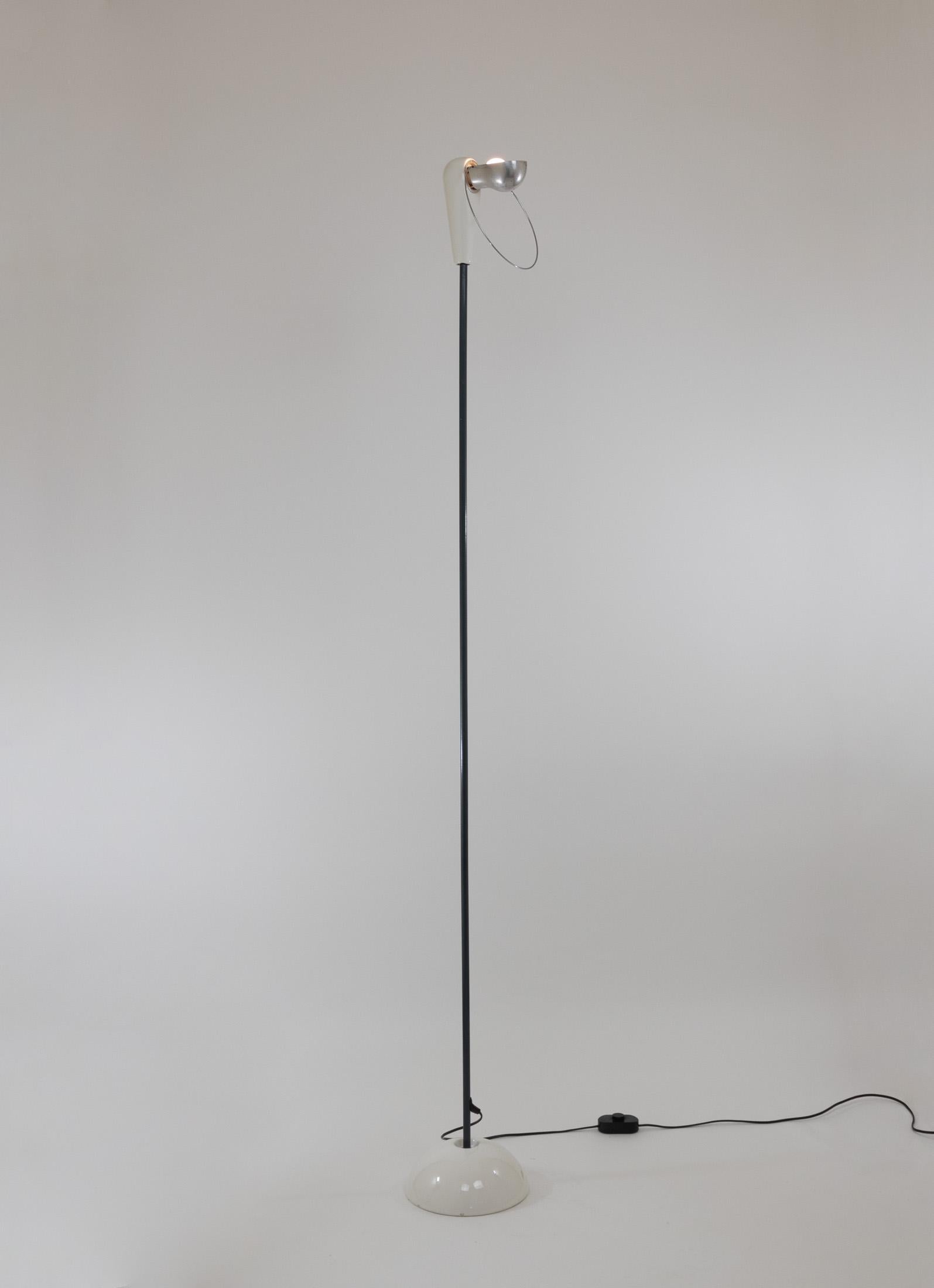 Bibip floor lamp designed in 1977 by Achille Castiglioni and manufactured by lighting company Flos.

Bibip is an adjustable light, that can be used both as an uplighter and as a downlighter. The black enamelled slender stem ends in a ceramic element