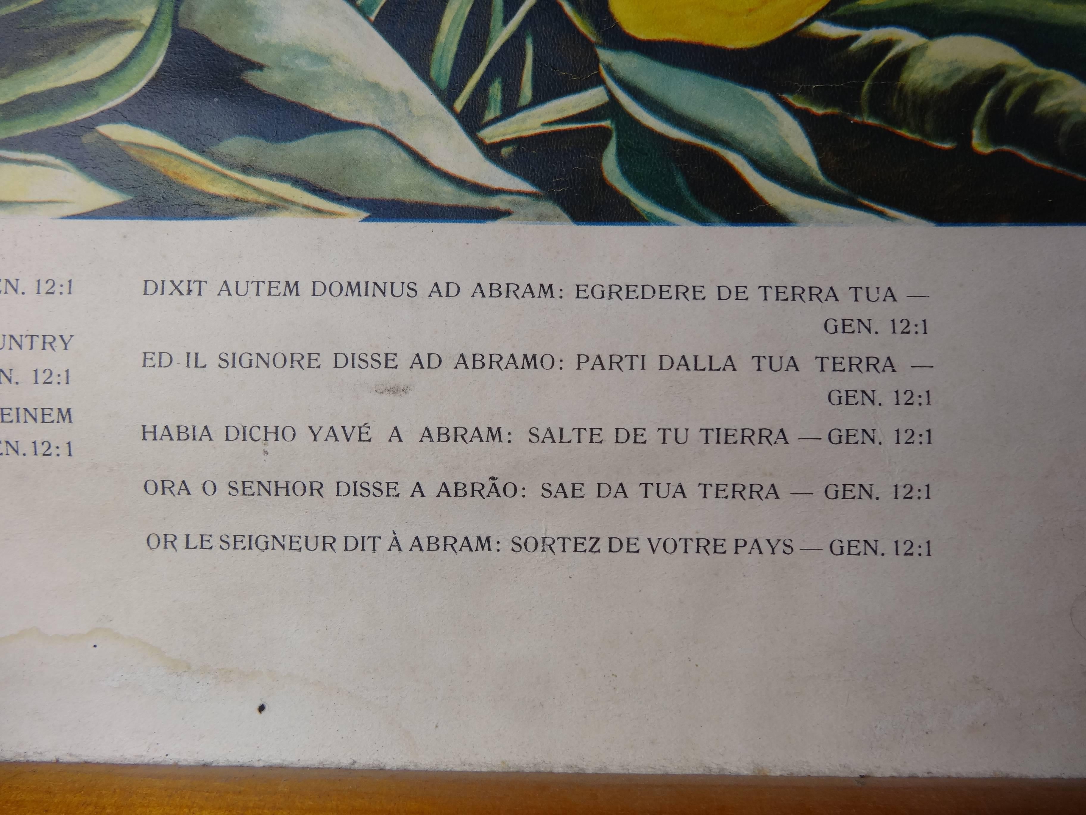 Toile Affiche biblique de l'école de 1950, « Go Forth Out of Thy Country », Gen. 12:1 en vente
