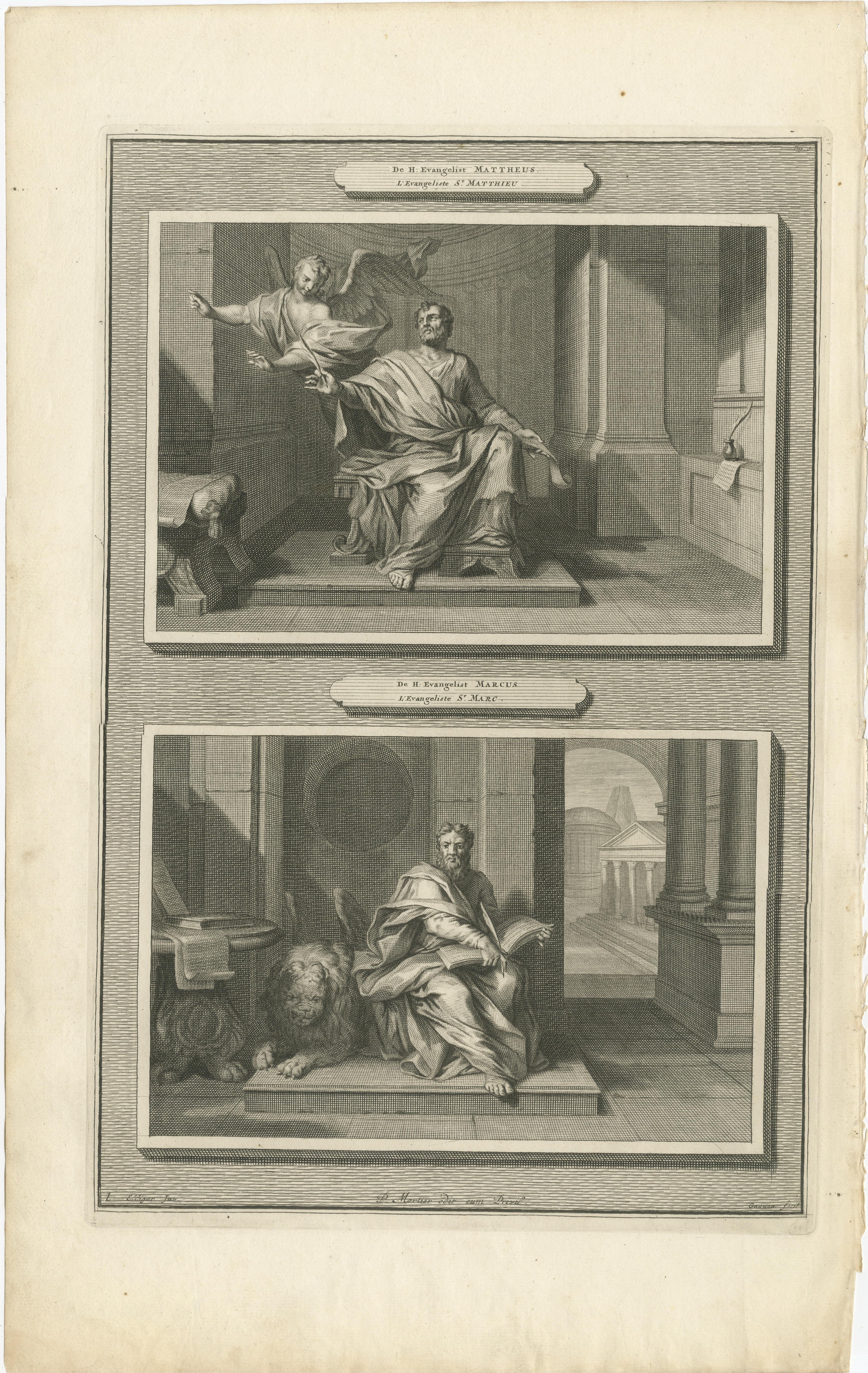 Evangelisten Matthäus und Markus, Pieter Mortier, ca. 1700

Antiker Originalstich aus Histoire du Vieux et du Nouveau Testament, veröffentlicht in Amsterdam von Pieter Mortier um 1700. Auf dieser Tafel sind die beiden Evangelisten Matthäus und