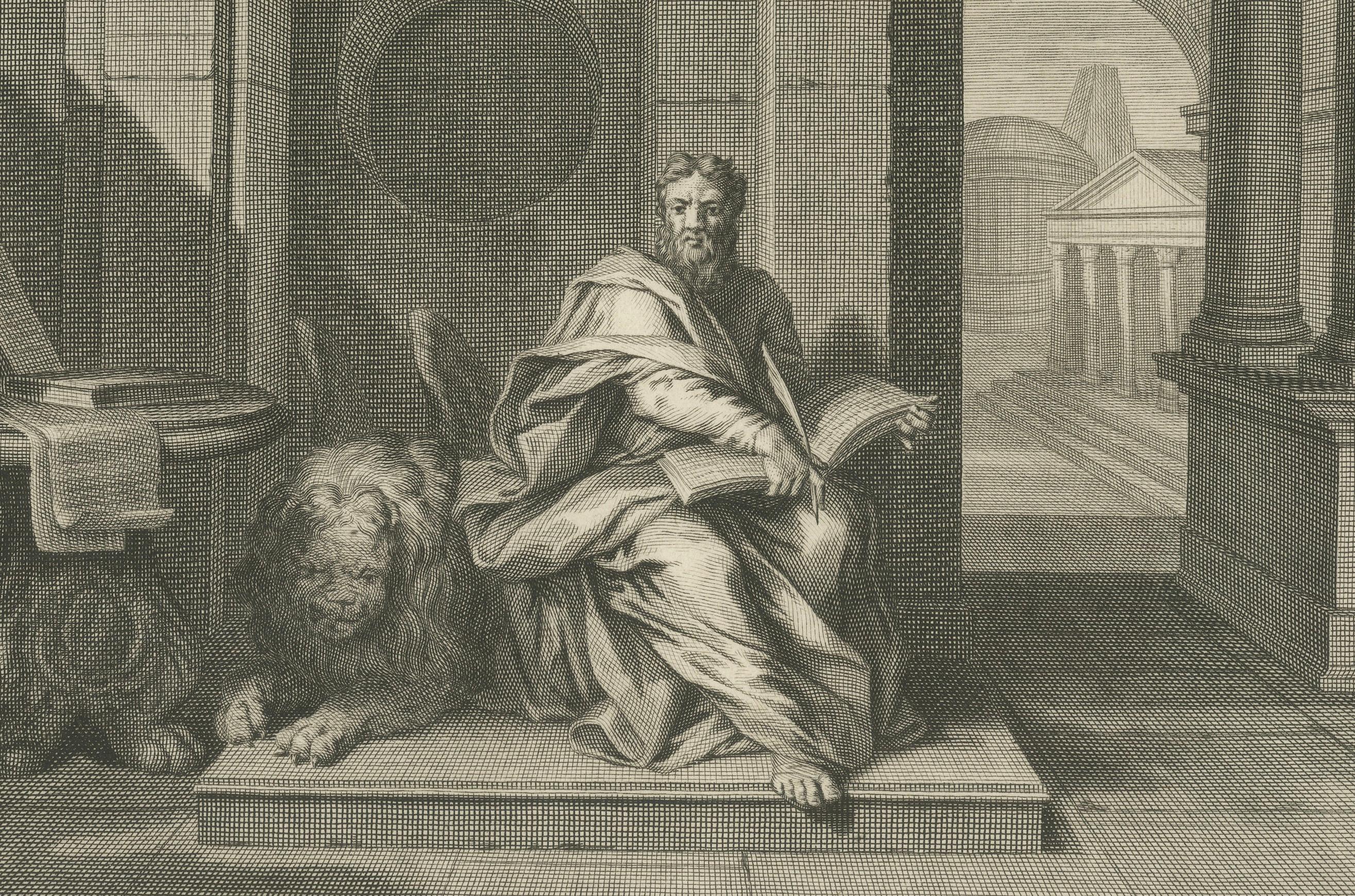 Biblischer Kupferstich - Evangelisten Matthäus und Markus, Pieter Mortier, Anfang 1700er (Niederländisch) im Angebot