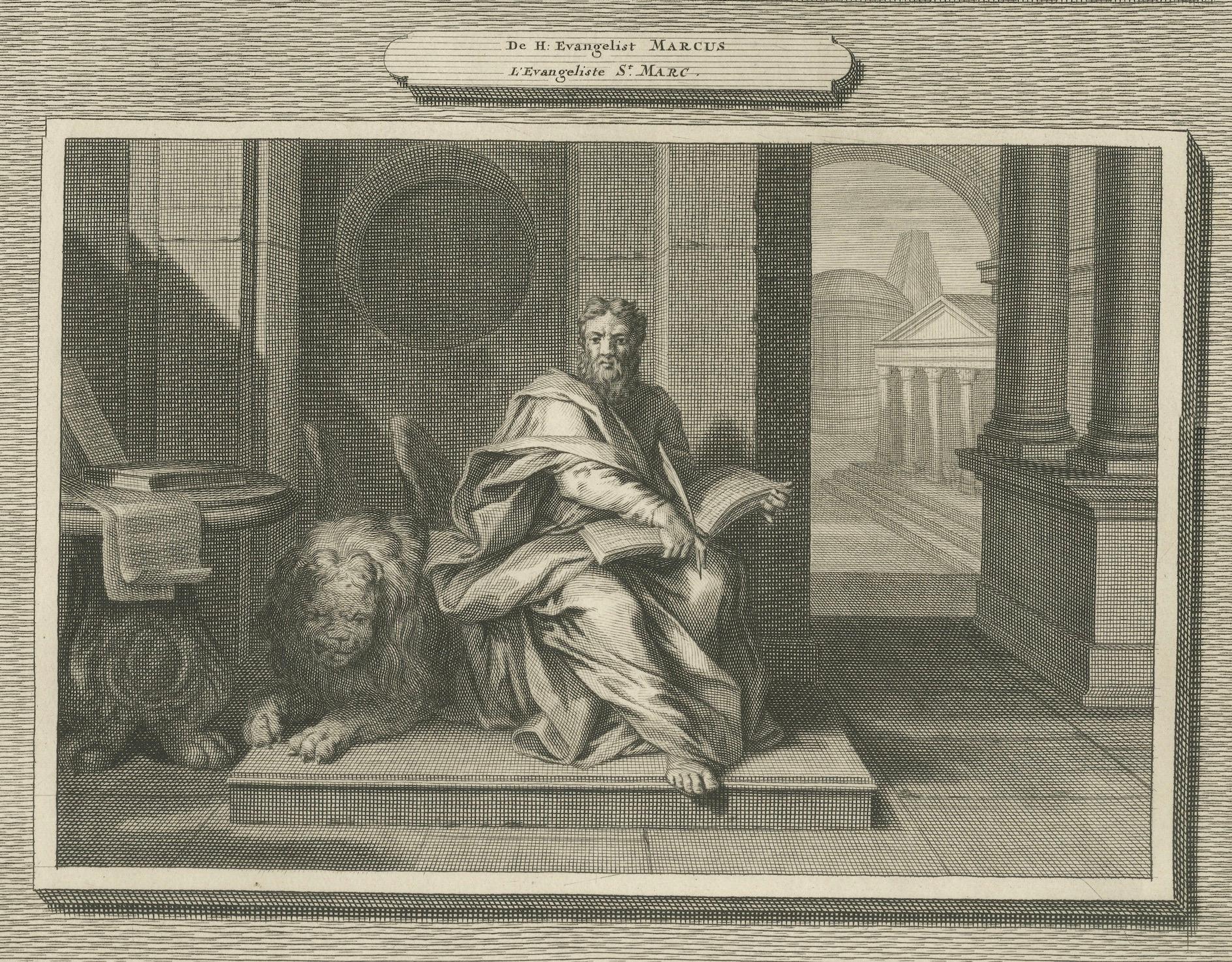Biblischer Kupferstich - Evangelisten Matthäus und Markus, Pieter Mortier, Anfang 1700er (Frühes 18. Jahrhundert) im Angebot