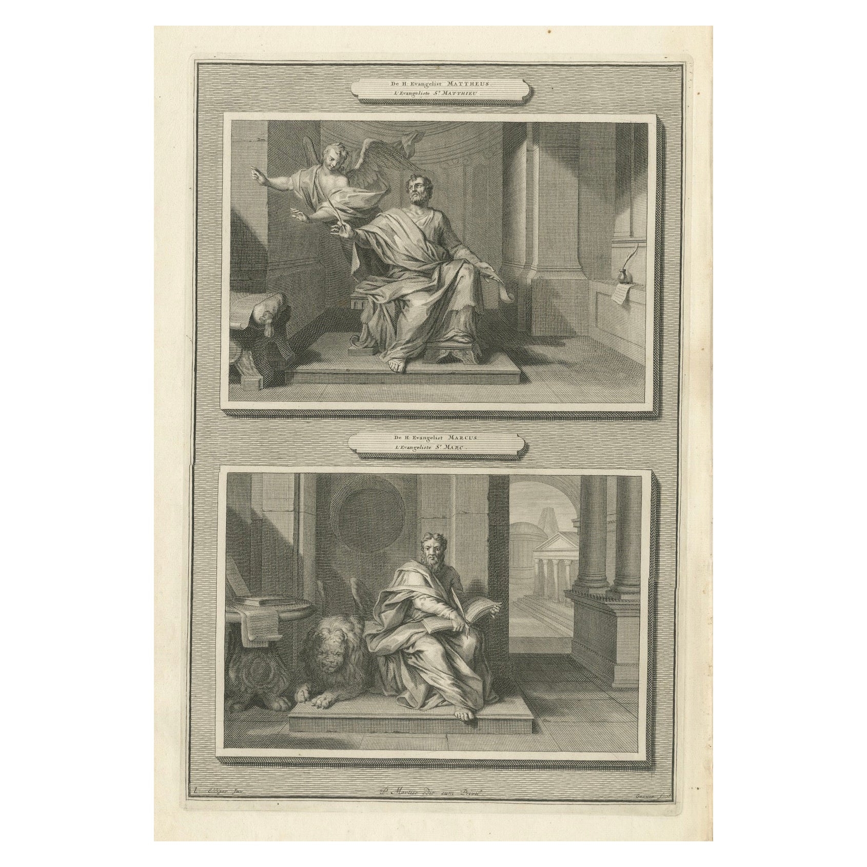 Biblischer Kupferstich - Evangelisten Matthäus und Markus, Pieter Mortier, Anfang 1700er