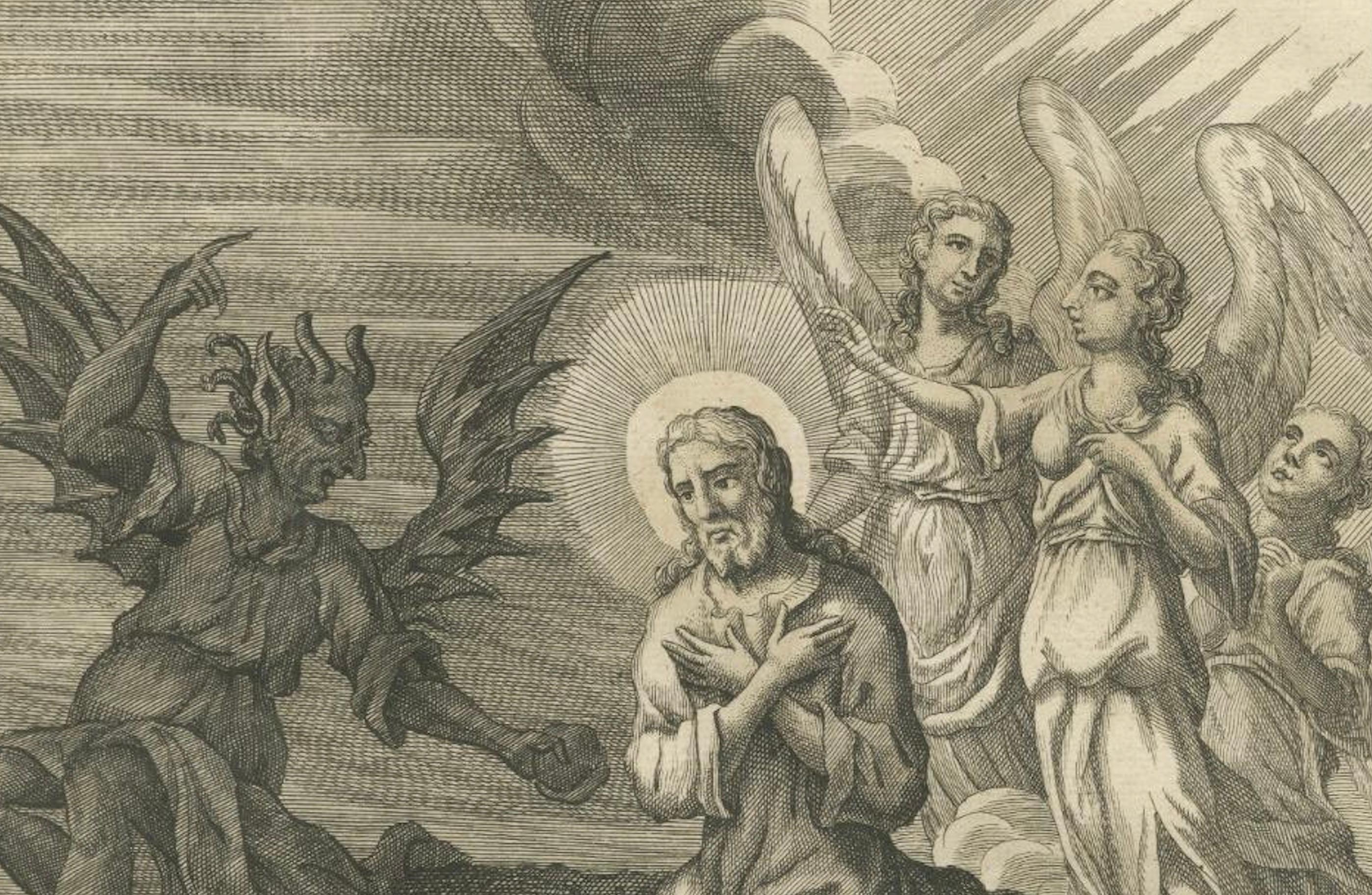 Anglais Gravures bibliques - Le Christ couronné, crucifié et tenté dans le désert 1735 en vente