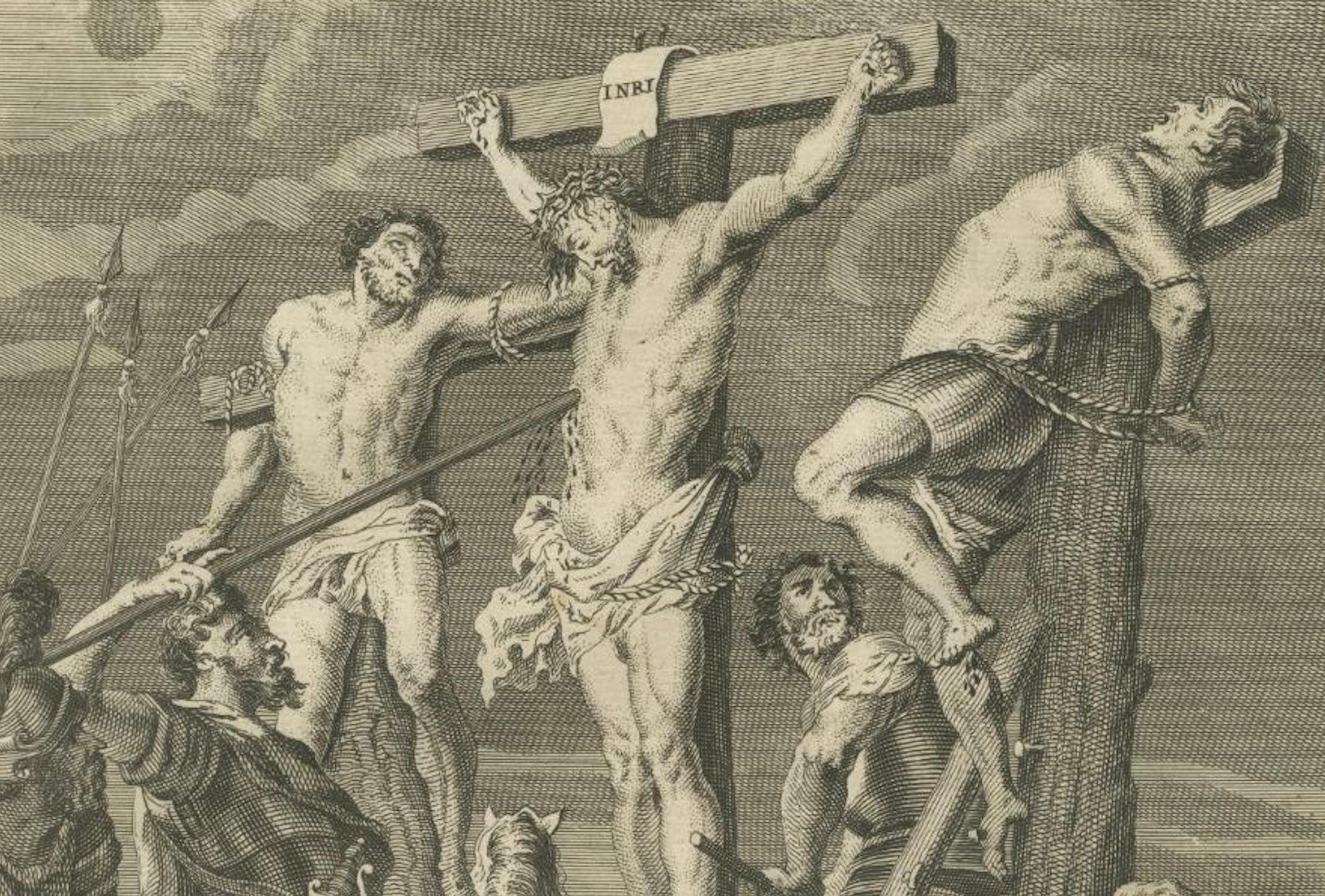 Gravé Gravures bibliques - Le Christ couronné, crucifié et tenté dans le désert 1735 en vente