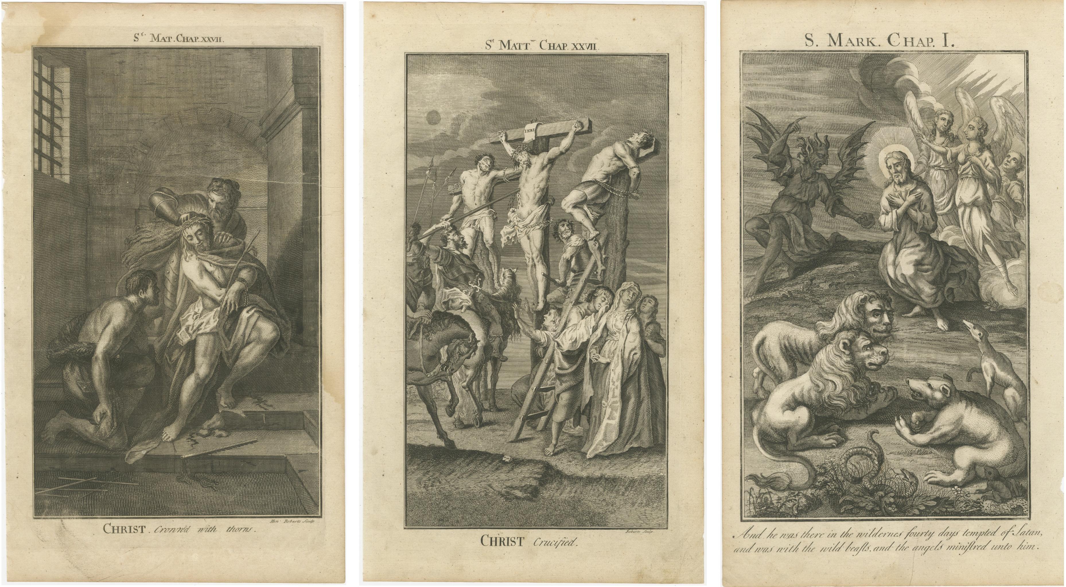Gravures bibliques - Le Christ couronné, crucifié et tenté dans le désert 1735 Bon état - En vente à Langweer, NL