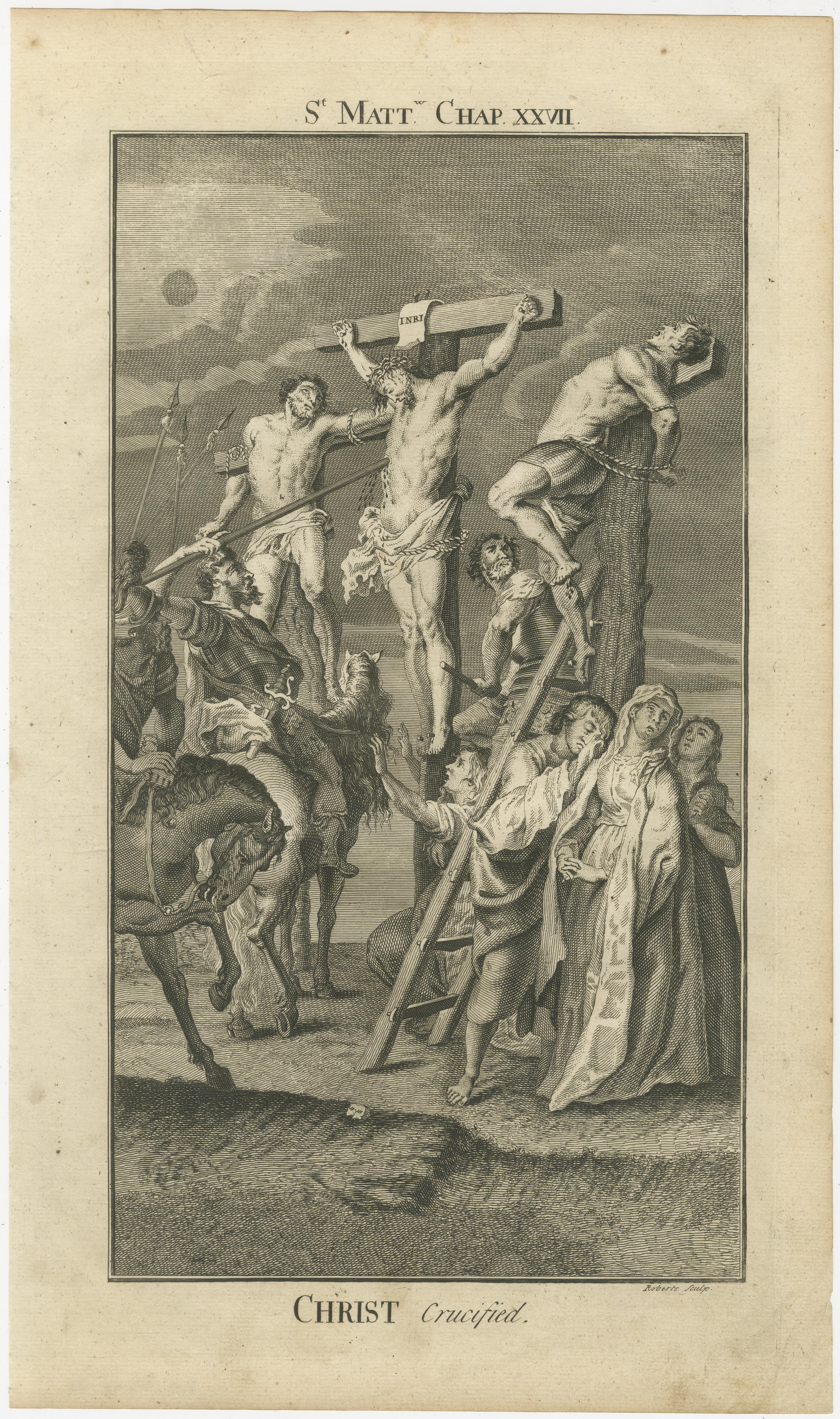 Papier Gravures bibliques - Le Christ couronné, crucifié et tenté dans le désert 1735 en vente