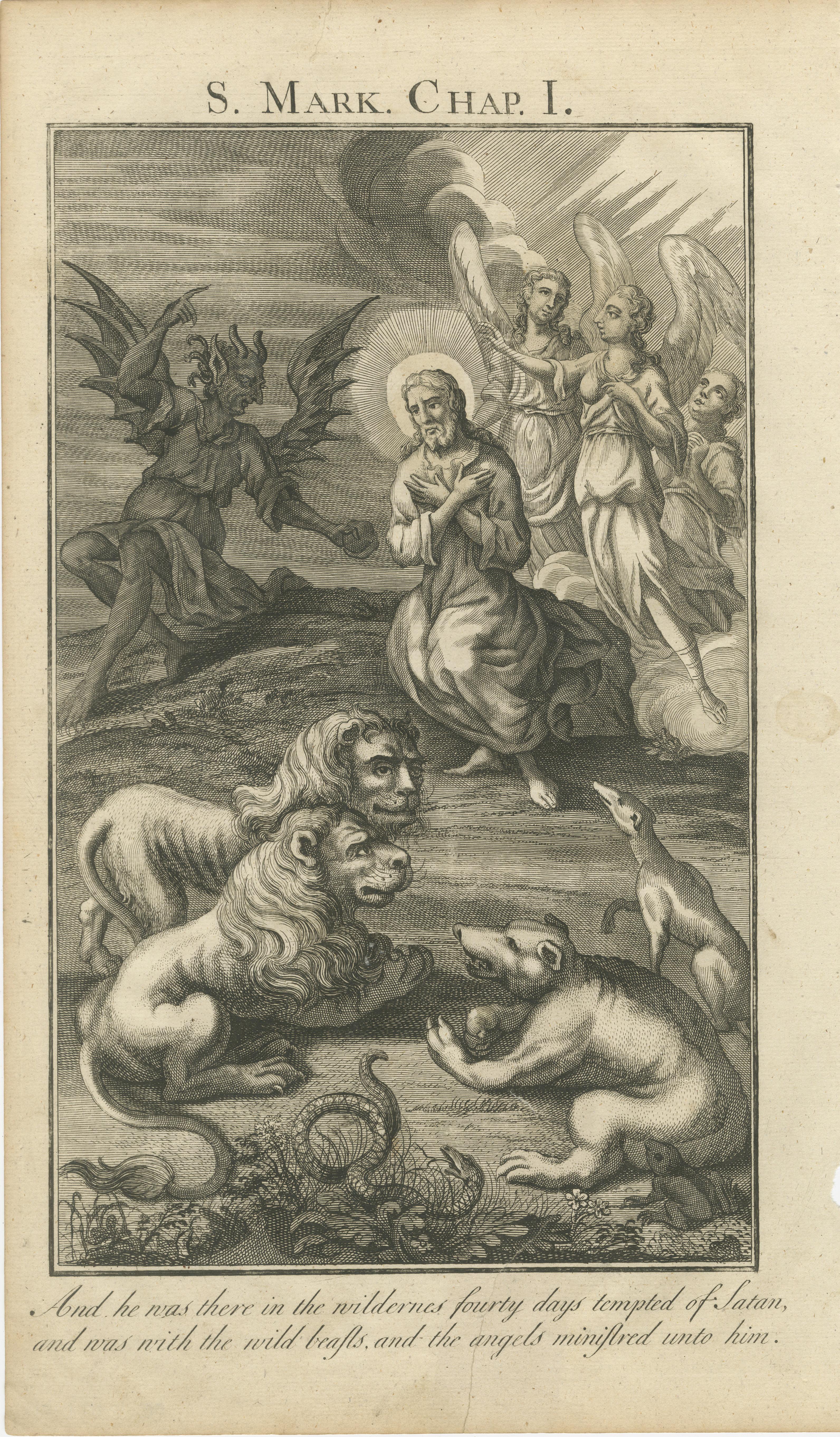 Gravures bibliques - Le Christ couronné, crucifié et tenté dans le désert 1735 en vente 1