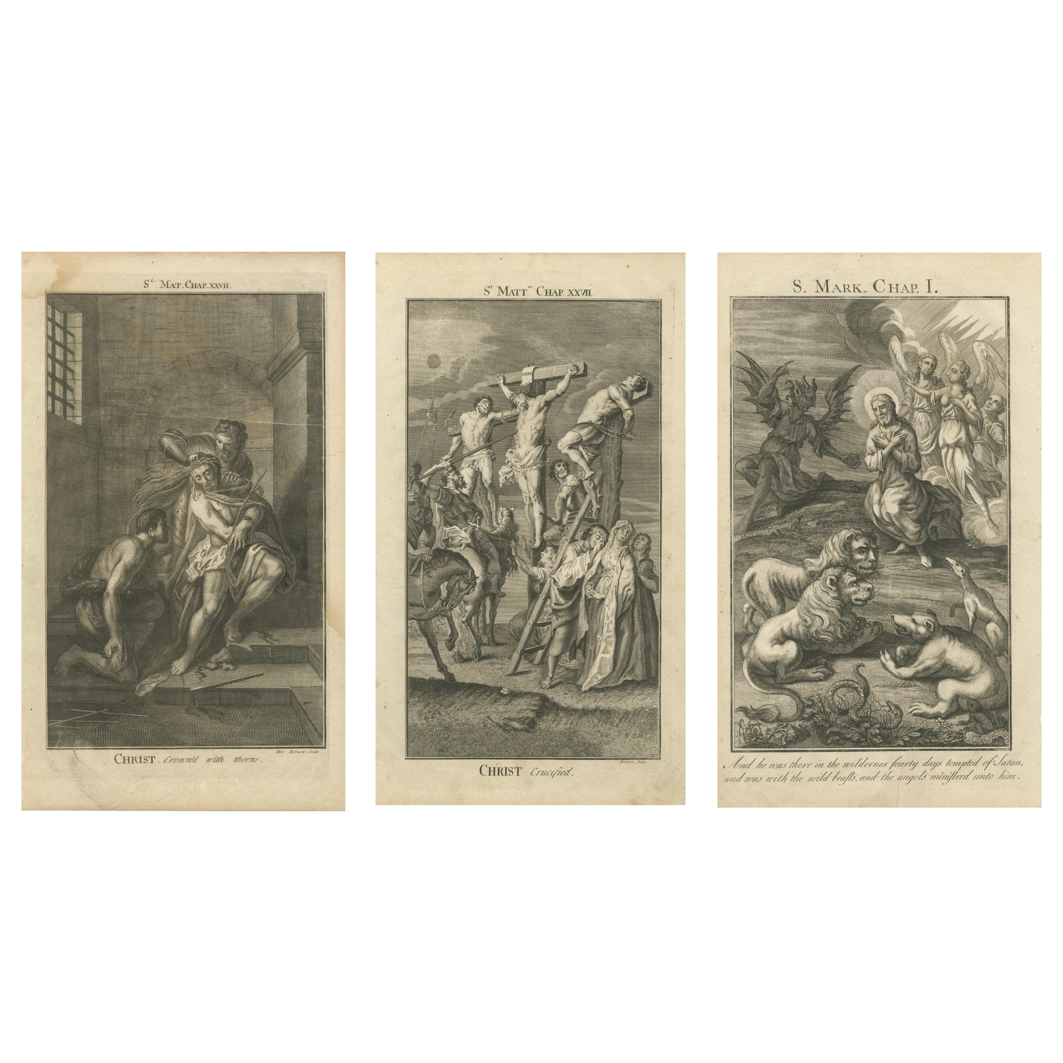 Grabados Bíblicos - Cristo Coronado, Crucificado y Tentado en el Desierto 1735