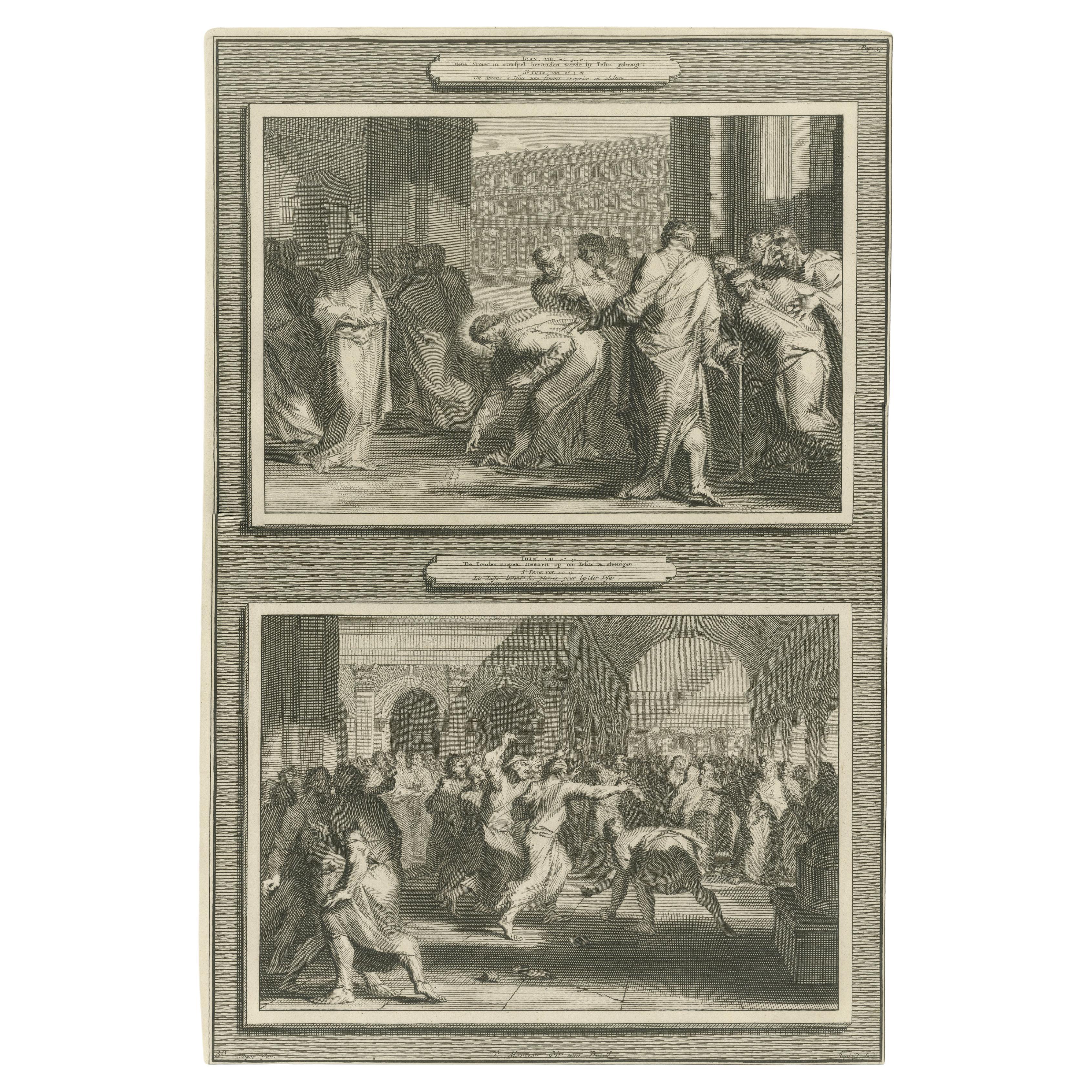 Antike Bibelstiche - Christus und die ehebrecherische Frau & Die Steinigung des Heiligen Stephanus, 18.

Beschreibung:
Dieser eindrucksvolle Kupferstich, der um 1700 von Pieter Mortier veröffentlicht wurde, zeigt zwei eindrucksvolle Episoden aus dem