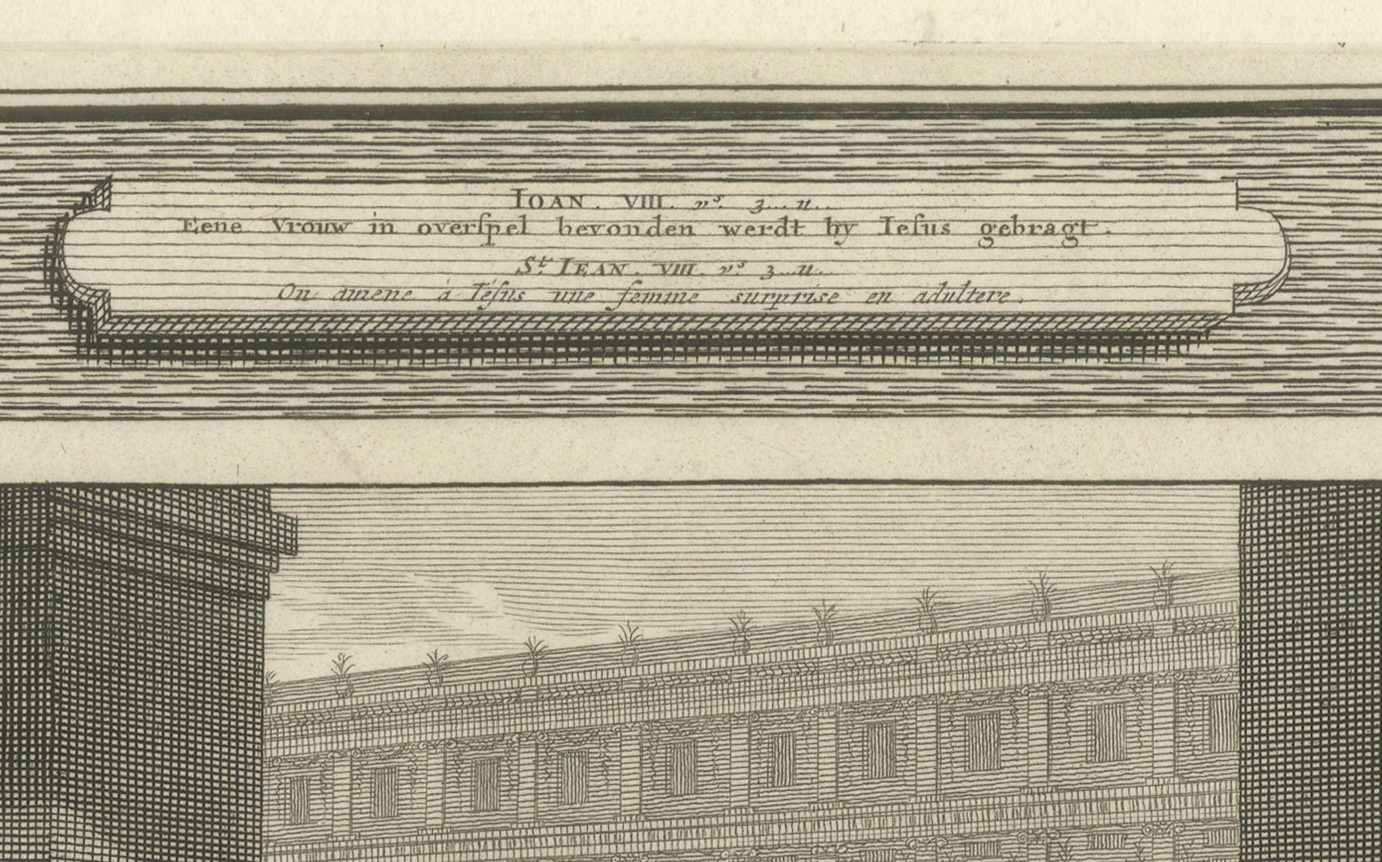 Biblische Stiche - Christus, die ehebrecherische Frau und die Steinigung des Stephanus 1700 (Graviert) im Angebot