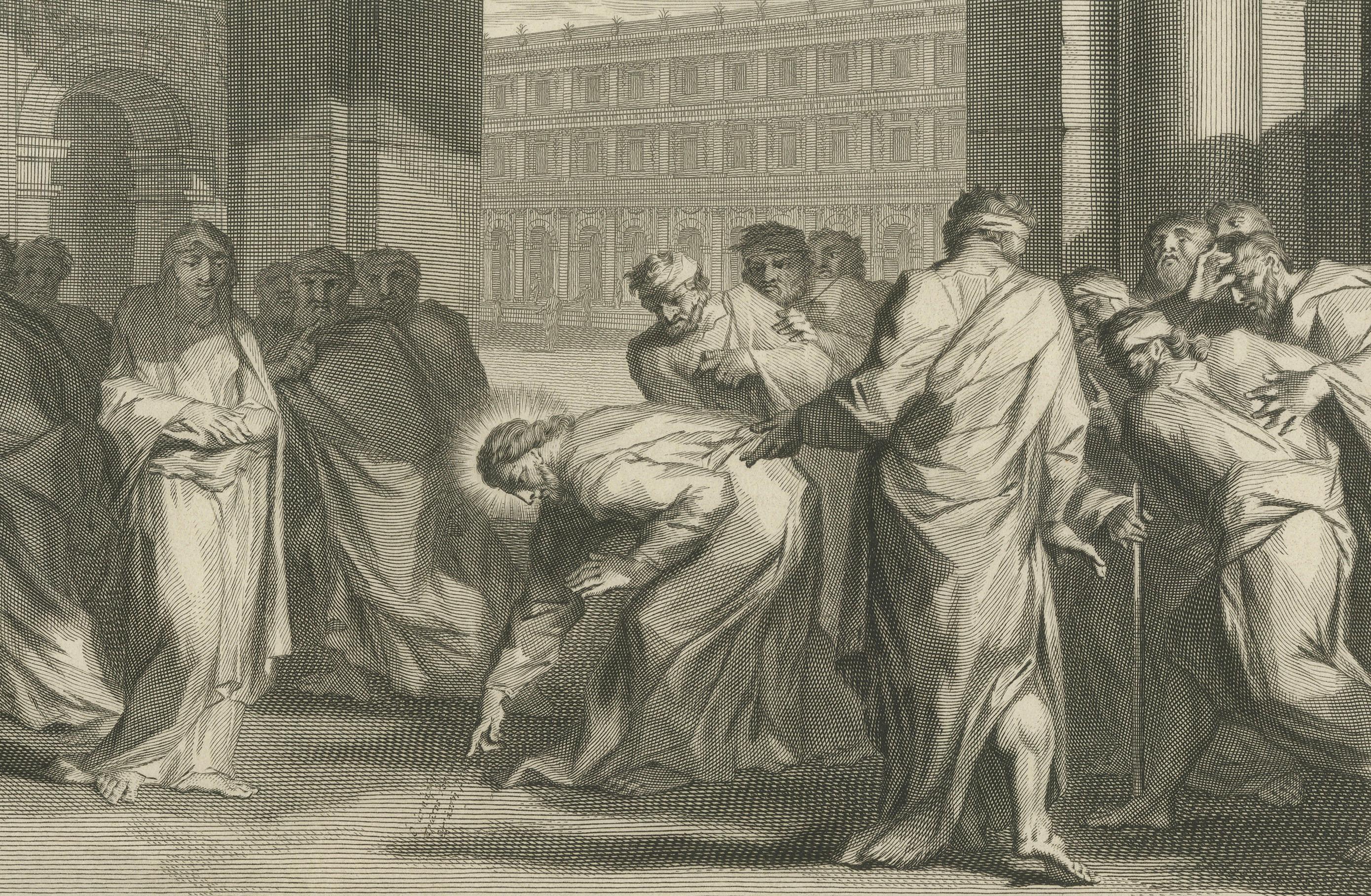 Biblische Stiche - Christus, die ehebrecherische Frau und die Steinigung des Stephanus 1700 (Frühes 18. Jahrhundert) im Angebot