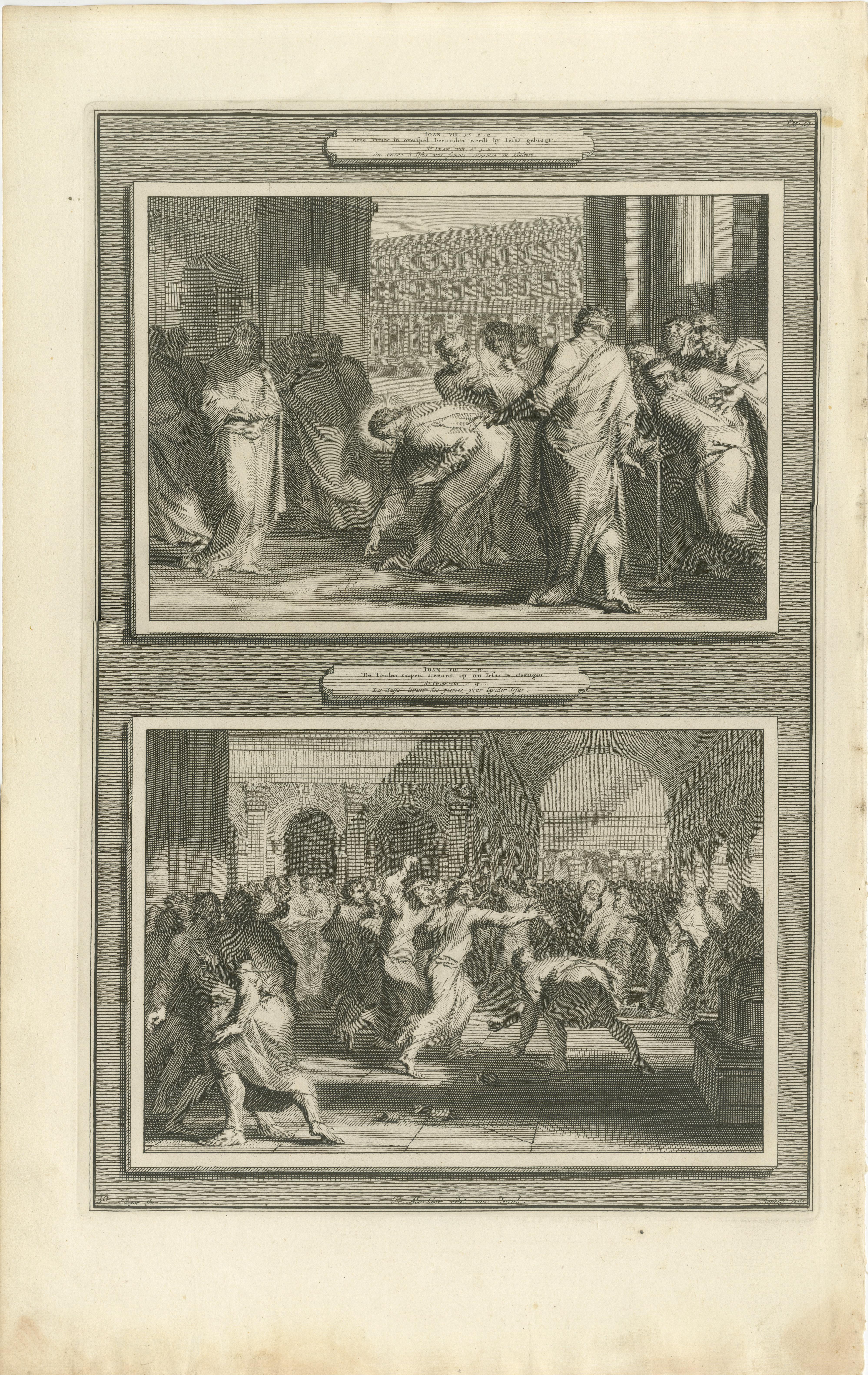 Biblische Stiche - Christus, die ehebrecherische Frau und die Steinigung des Stephanus 1700 im Angebot 2