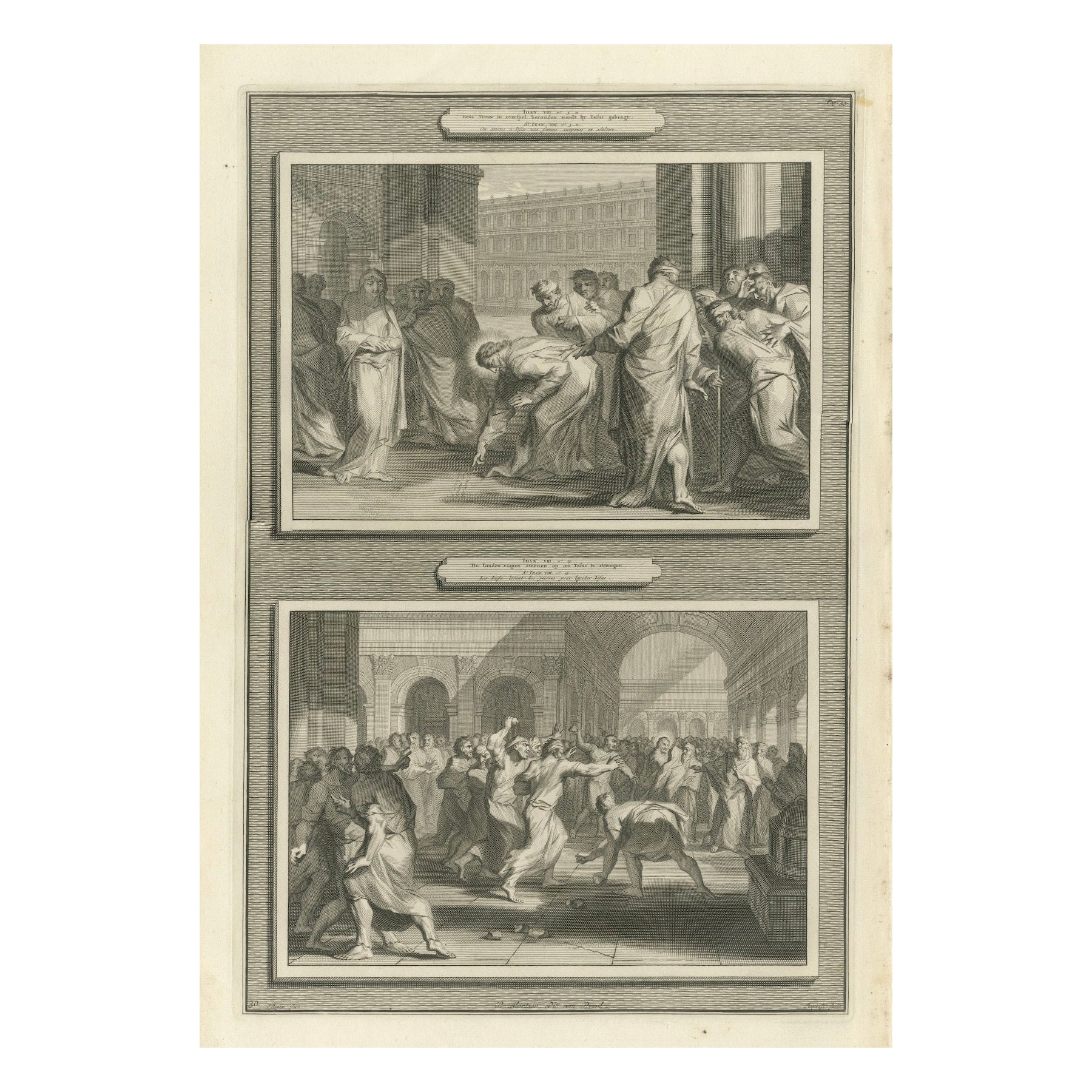 Biblische Stiche - Christus, die ehebrecherische Frau und die Steinigung des Stephanus 1700