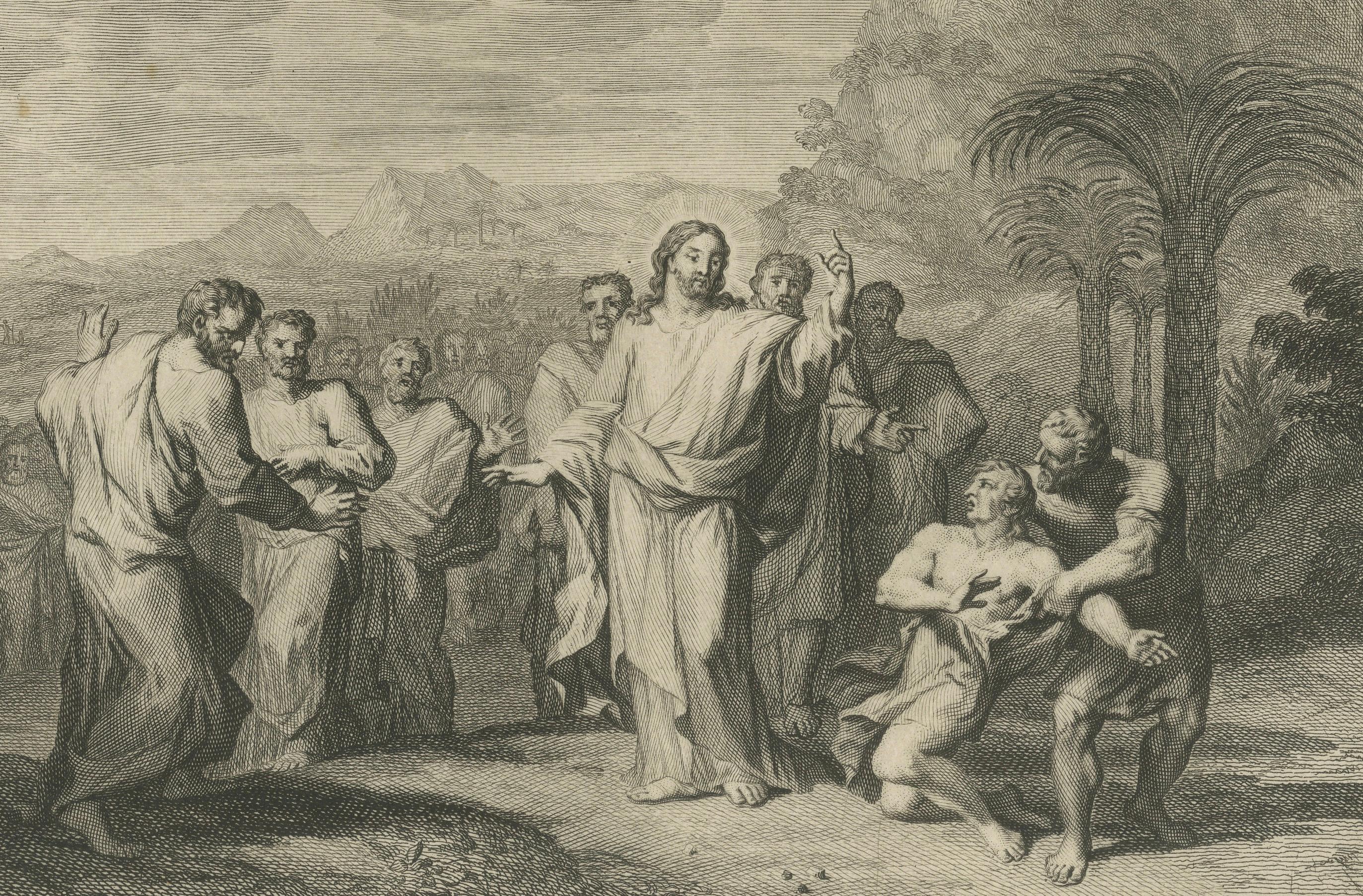 Antique Biblical Engravings – The Transfiguration of Christ & Healing of a Possessed Boy, ca. 1700

This striking engraving sheet, published by Pieter Mortier in Amsterdam around 1700, presents two dramatic moments from the Gospels, capturing both