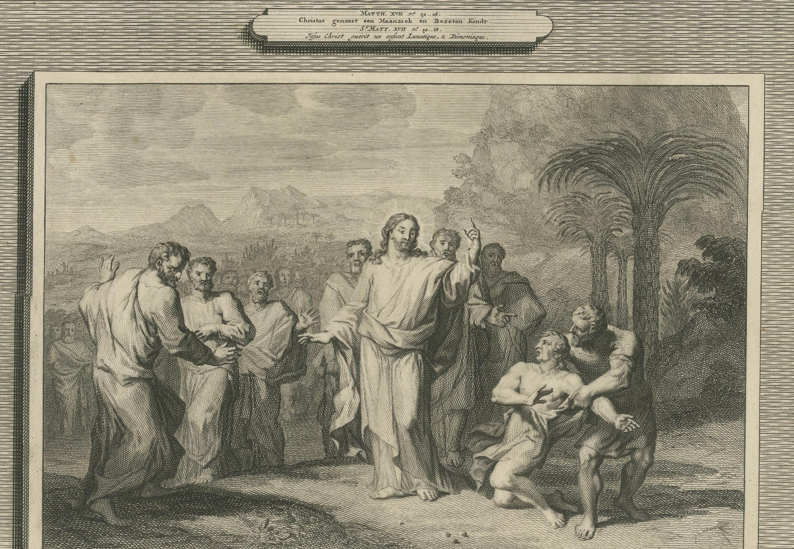 Engraved Biblical Engravings – Christ Transfiguration & Healing of the Possessed, ca.1700 For Sale