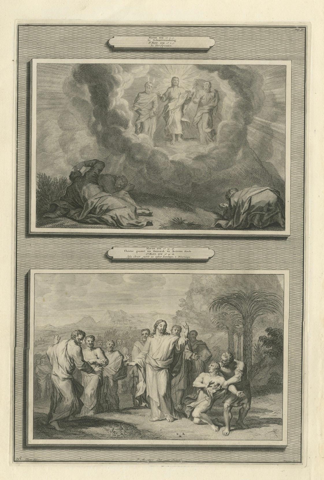 Early 18th Century Biblical Engravings – Christ Transfiguration & Healing of the Possessed, ca.1700 For Sale