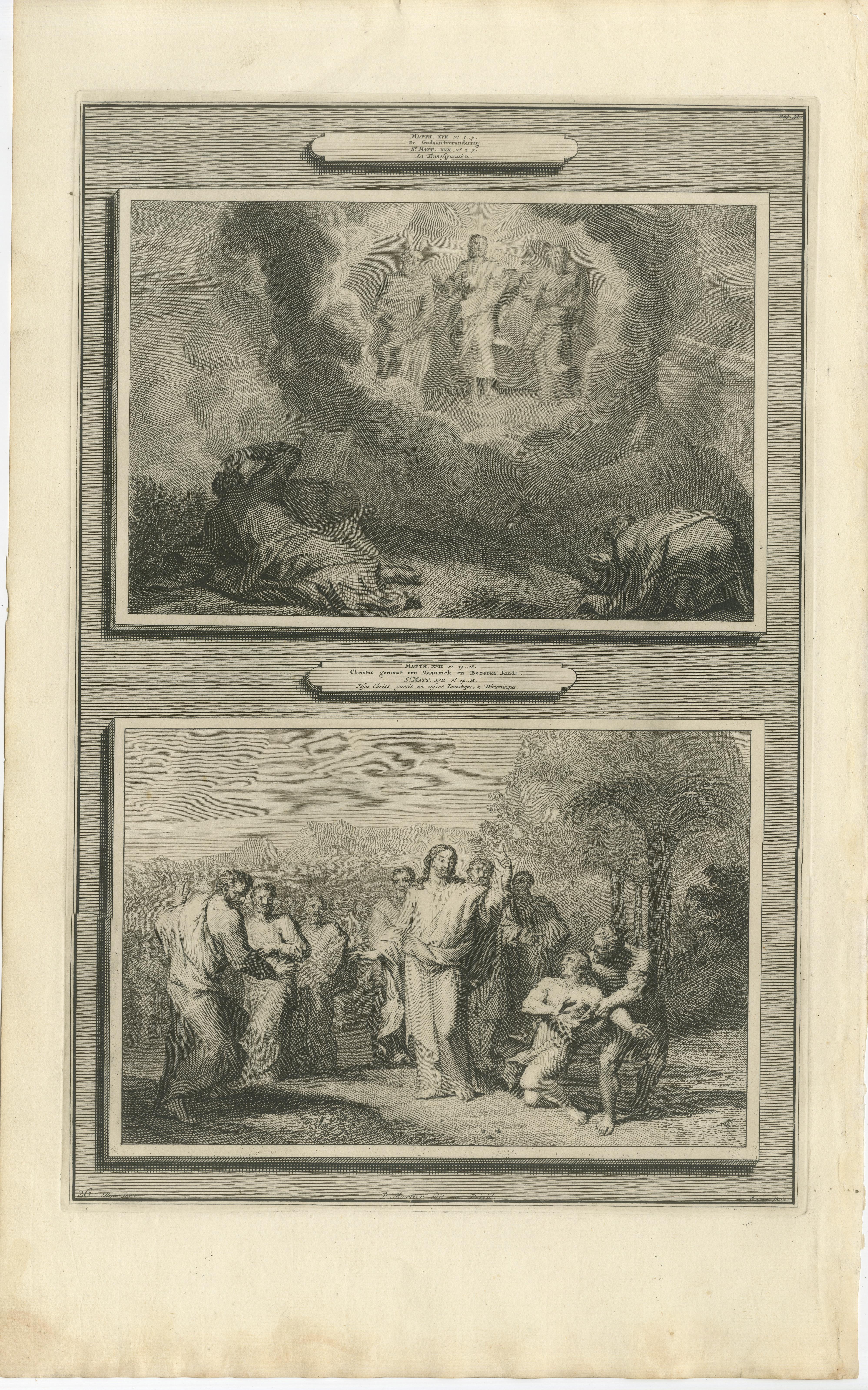 Paper Biblical Engravings – Christ Transfiguration & Healing of the Possessed, ca.1700 For Sale