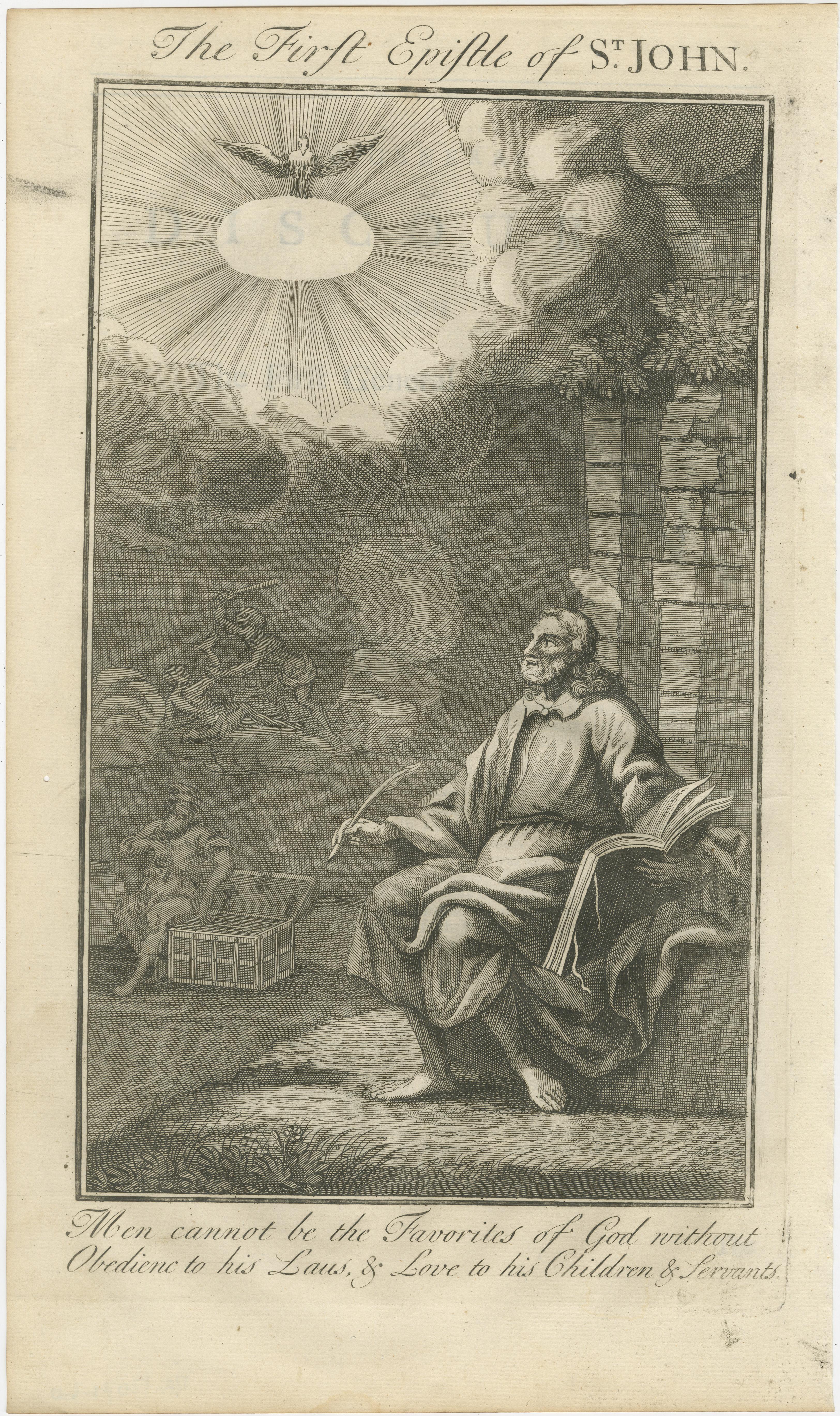 Biblische Stiche - Petrus- und Johannesbriefe, Szenen der göttlichen Inspiration 1735 (Graviert) im Angebot