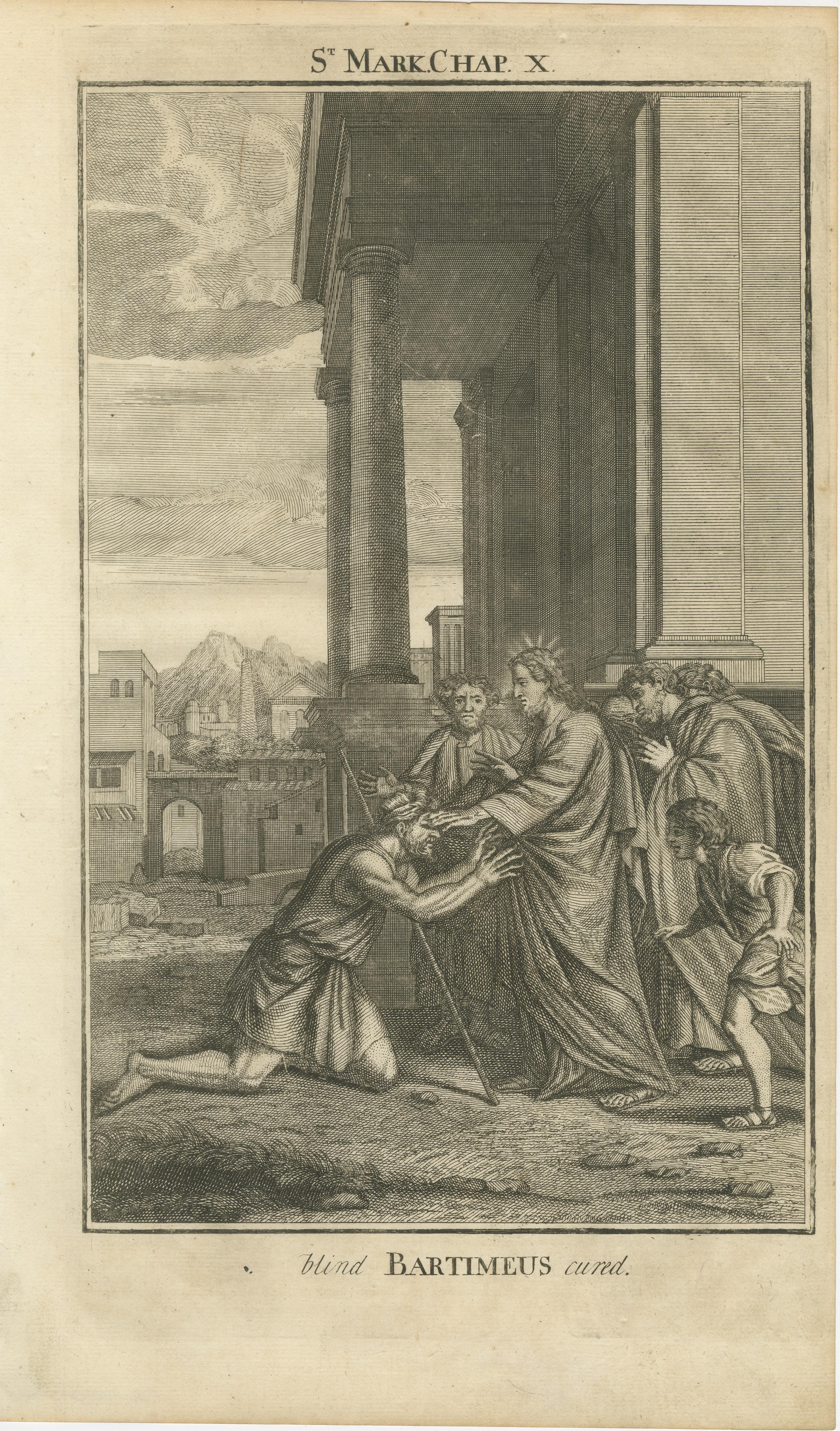Biblische Stiche - St. Markus, Heilung des Bartimeus und Kreuzabnahme, 1735 (Mitte des 18. Jahrhunderts) im Angebot