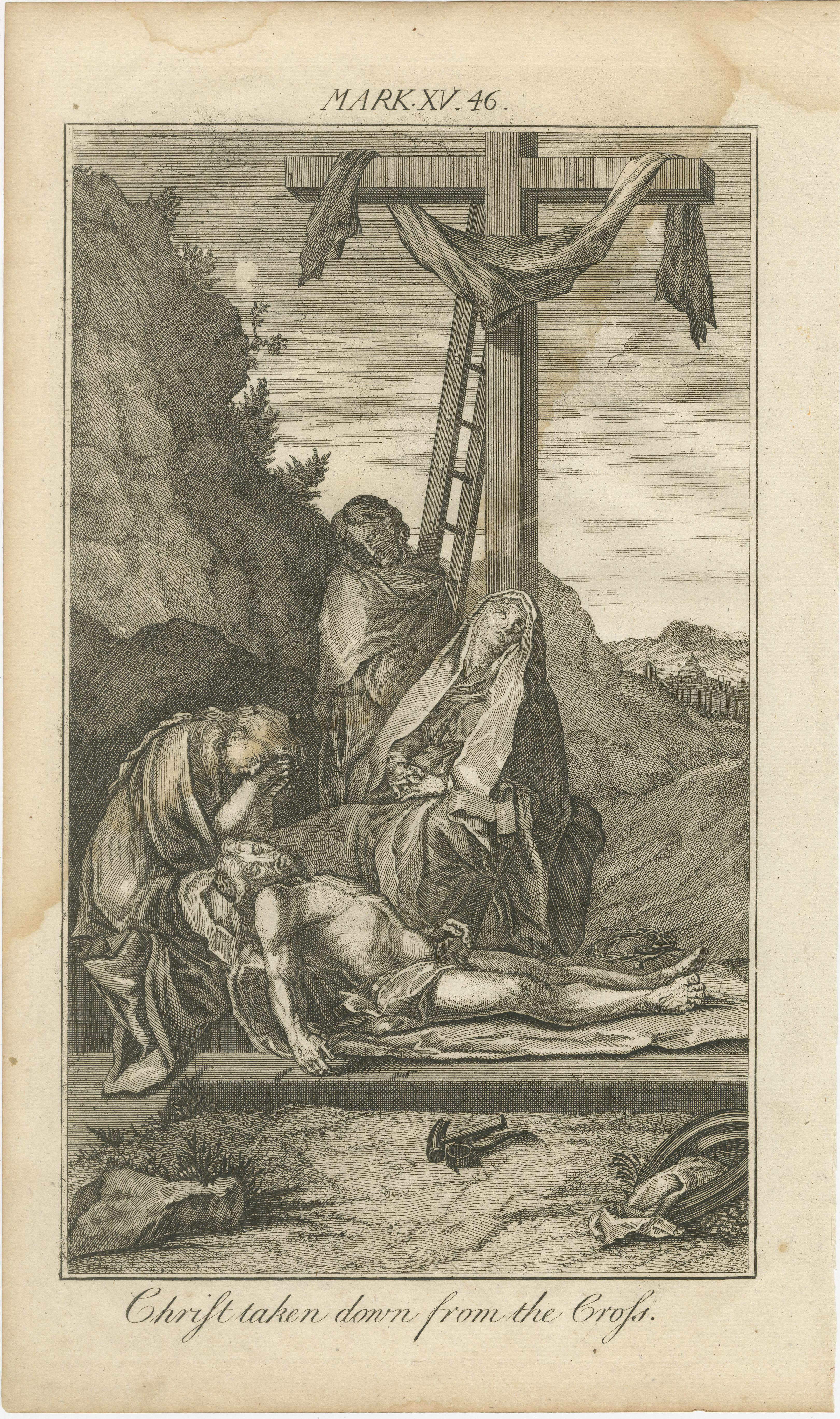 Biblische Stiche - St. Markus, Heilung des Bartimeus und Kreuzabnahme, 1735 (Papier) im Angebot