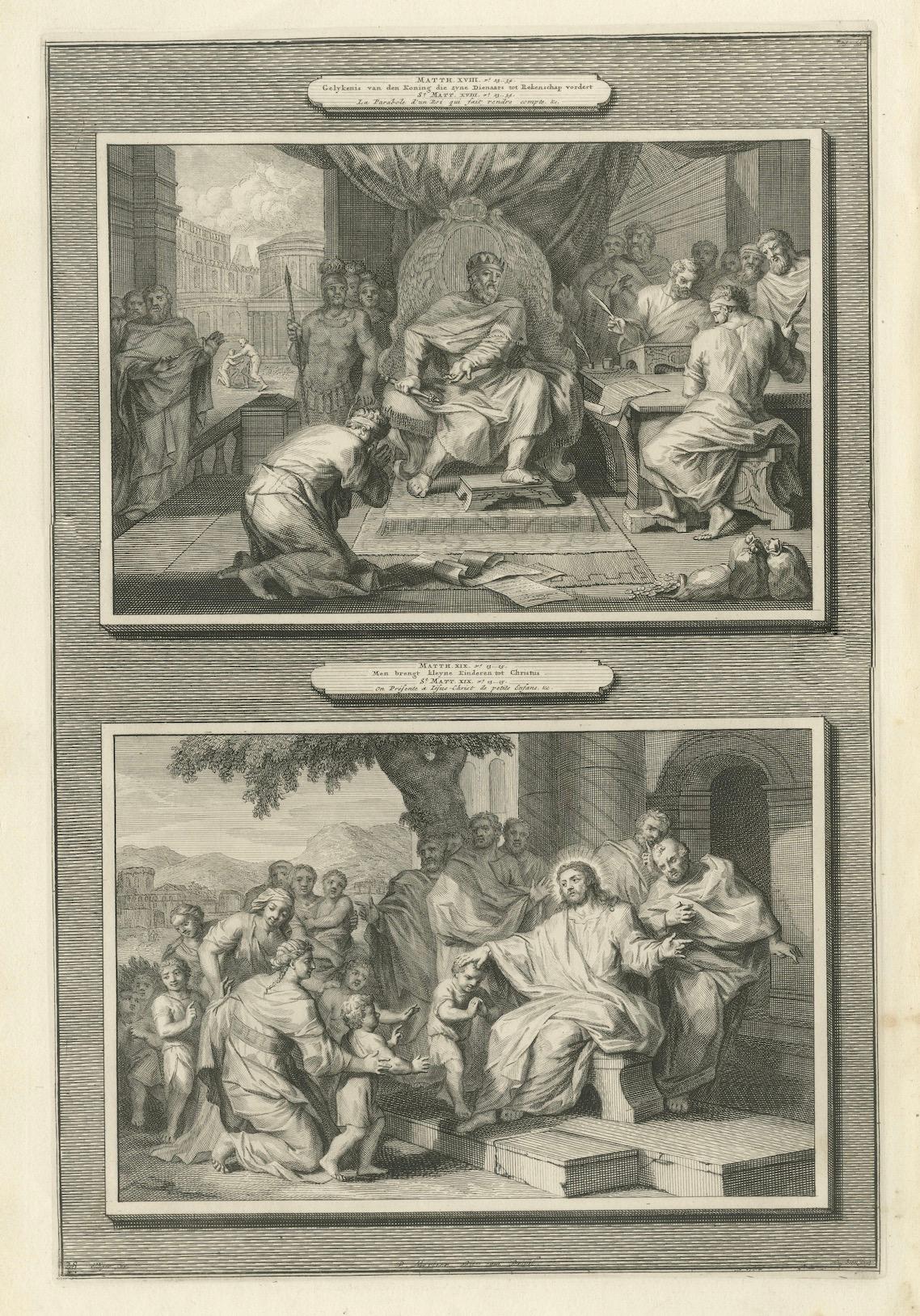 Antique Biblical Engravings – The Unforgiving Servant & Christ Blessing the Children, ca. 1700

This finely executed engraving sheet, published by Pieter Mortier in Amsterdam around 1700, unites two significant Gospel episodes that explore themes of