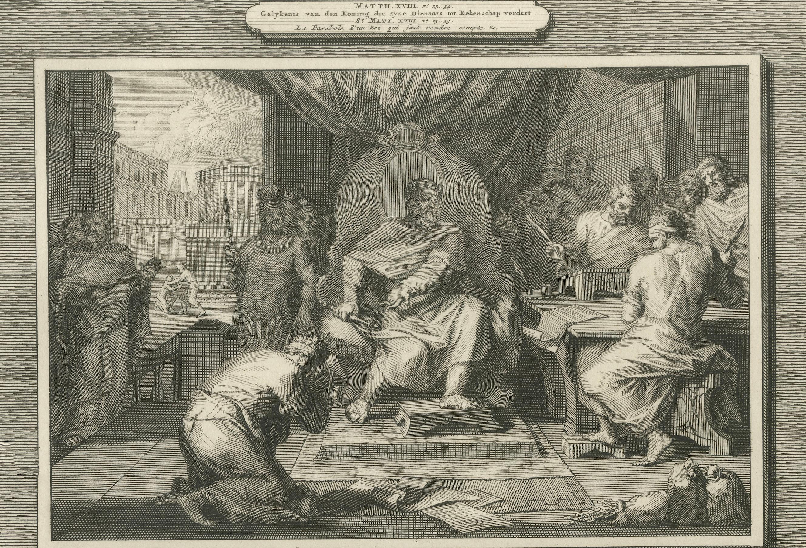 Biblische Stiche - Der unversöhnliche Diener & Christus segnet die Kinder, um 1700 (Niederländisch) im Angebot