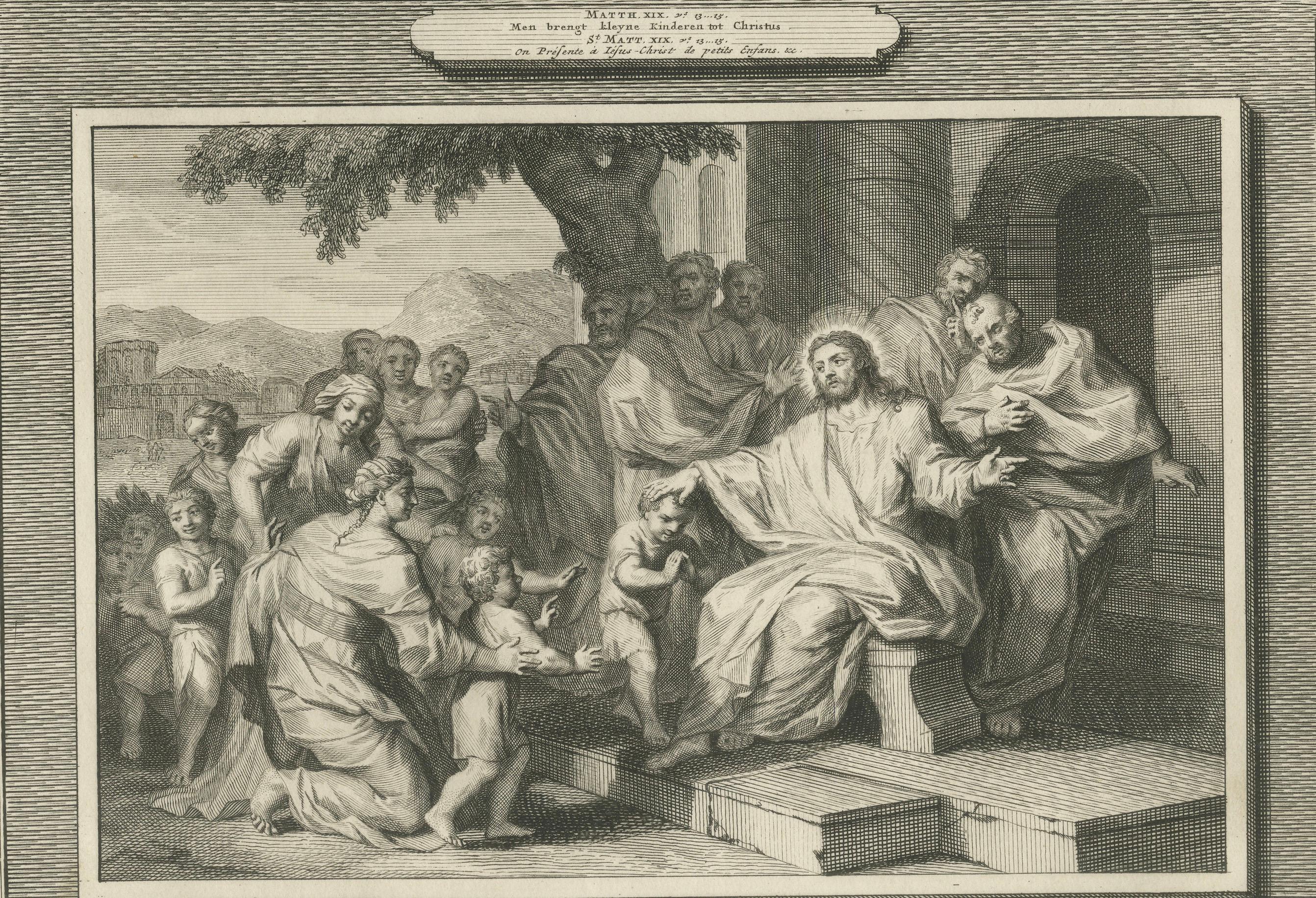 Biblische Stiche - Der unversöhnliche Diener & Christus segnet die Kinder, um 1700 (Graviert) im Angebot