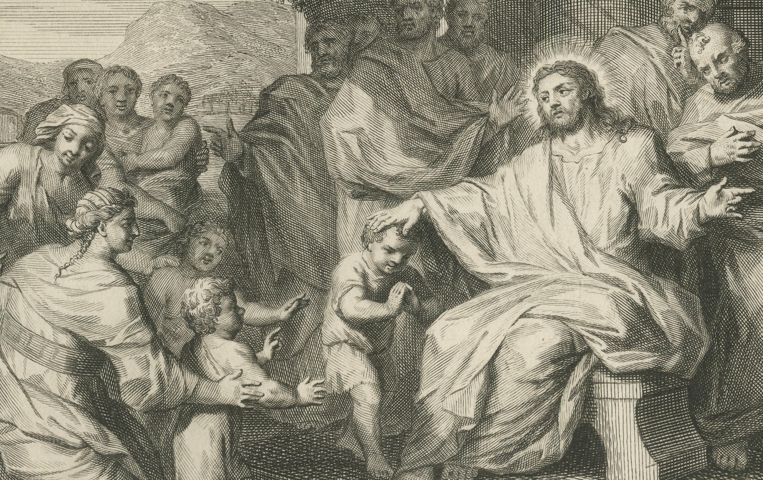 Biblische Stiche - Der unversöhnliche Diener & Christus segnet die Kinder, um 1700 (Frühes 18. Jahrhundert) im Angebot