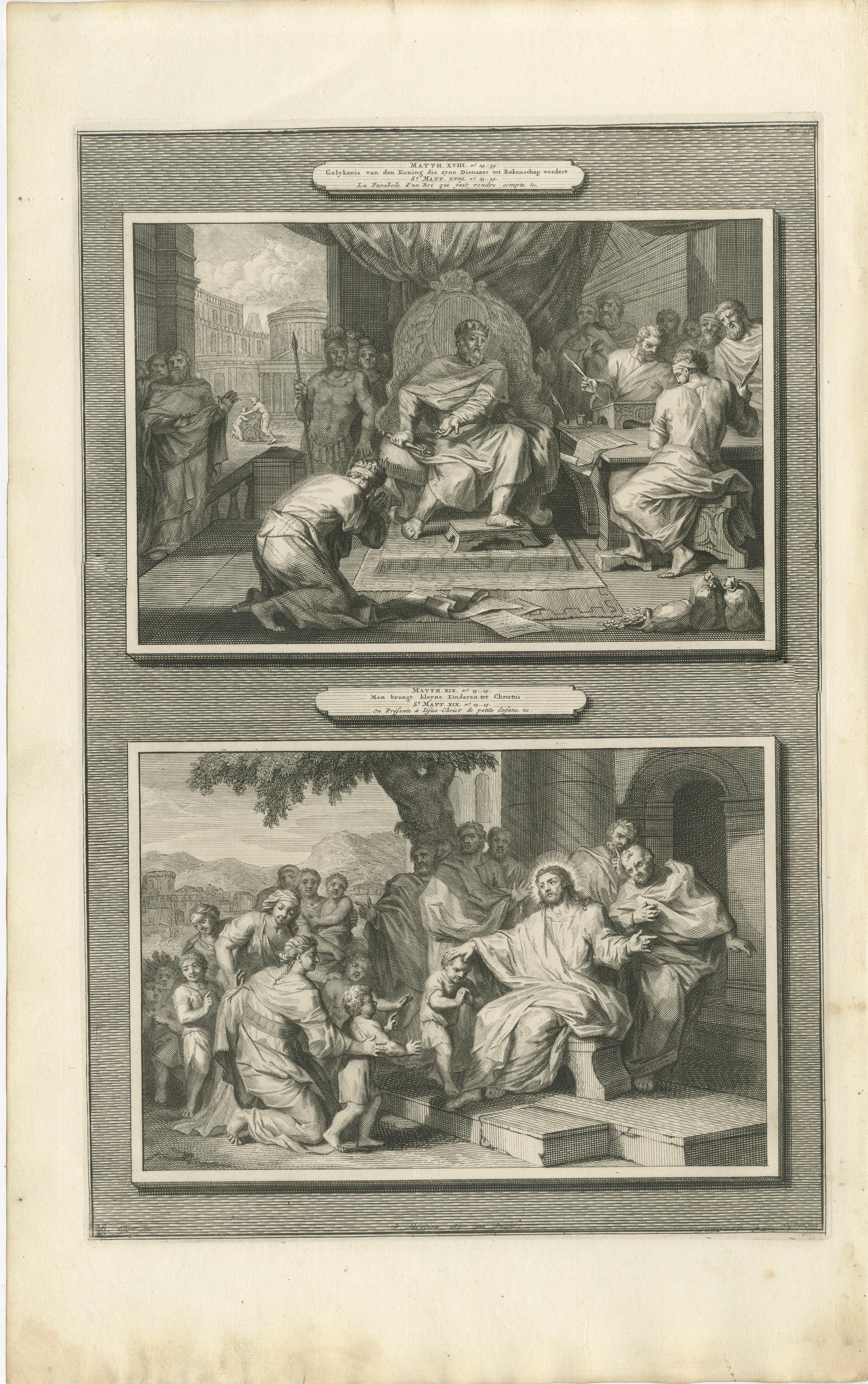 Biblische Stiche - Der unversöhnliche Diener & Christus segnet die Kinder, um 1700 (Papier) im Angebot