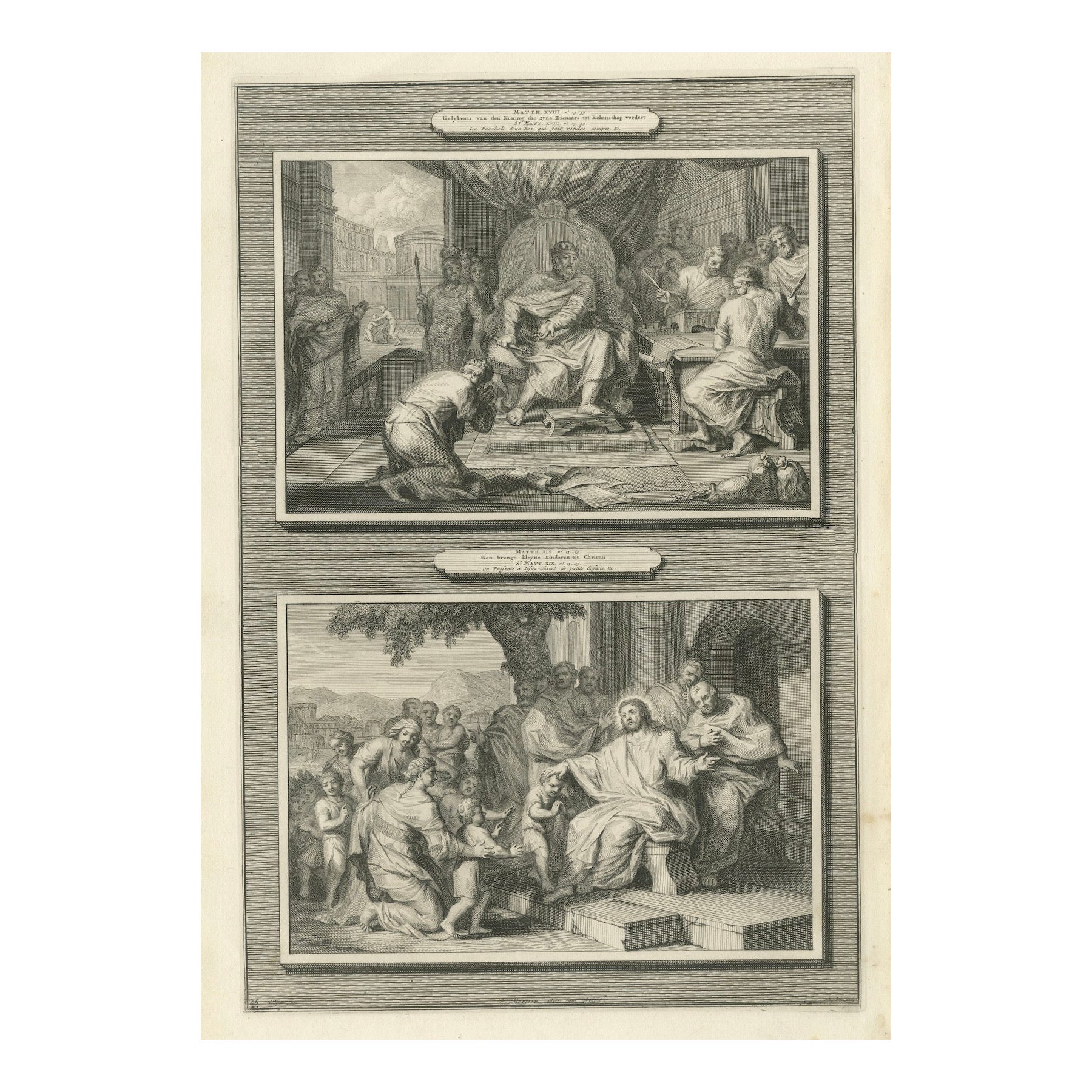 Gravures bibliques - Le serviteur impitoyable et le Christ bénissant les enfants, c.1700