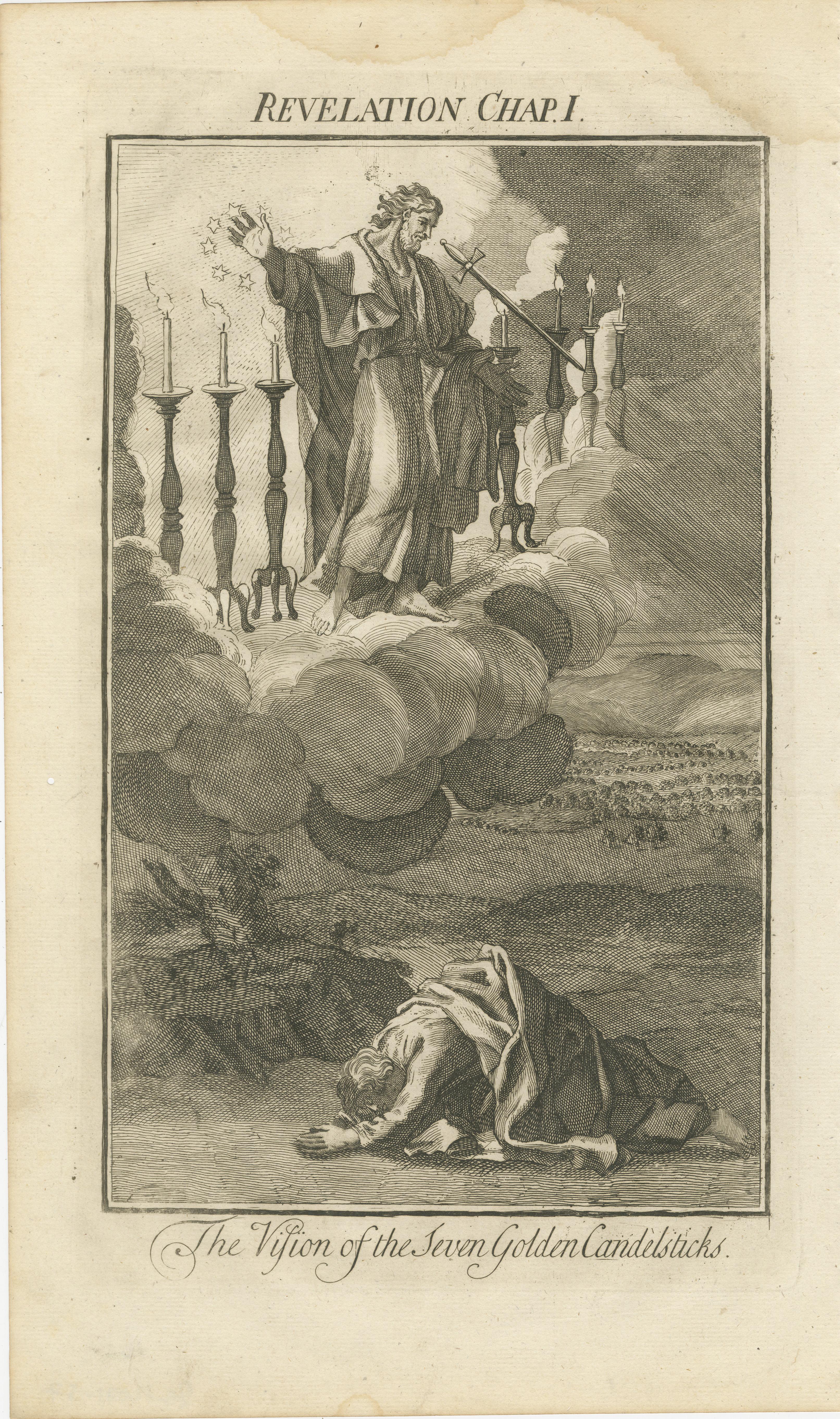 Biblische Stiche - Vision von Leuchtern, Apostel Judas und Engelsurteil (Graviert) im Angebot