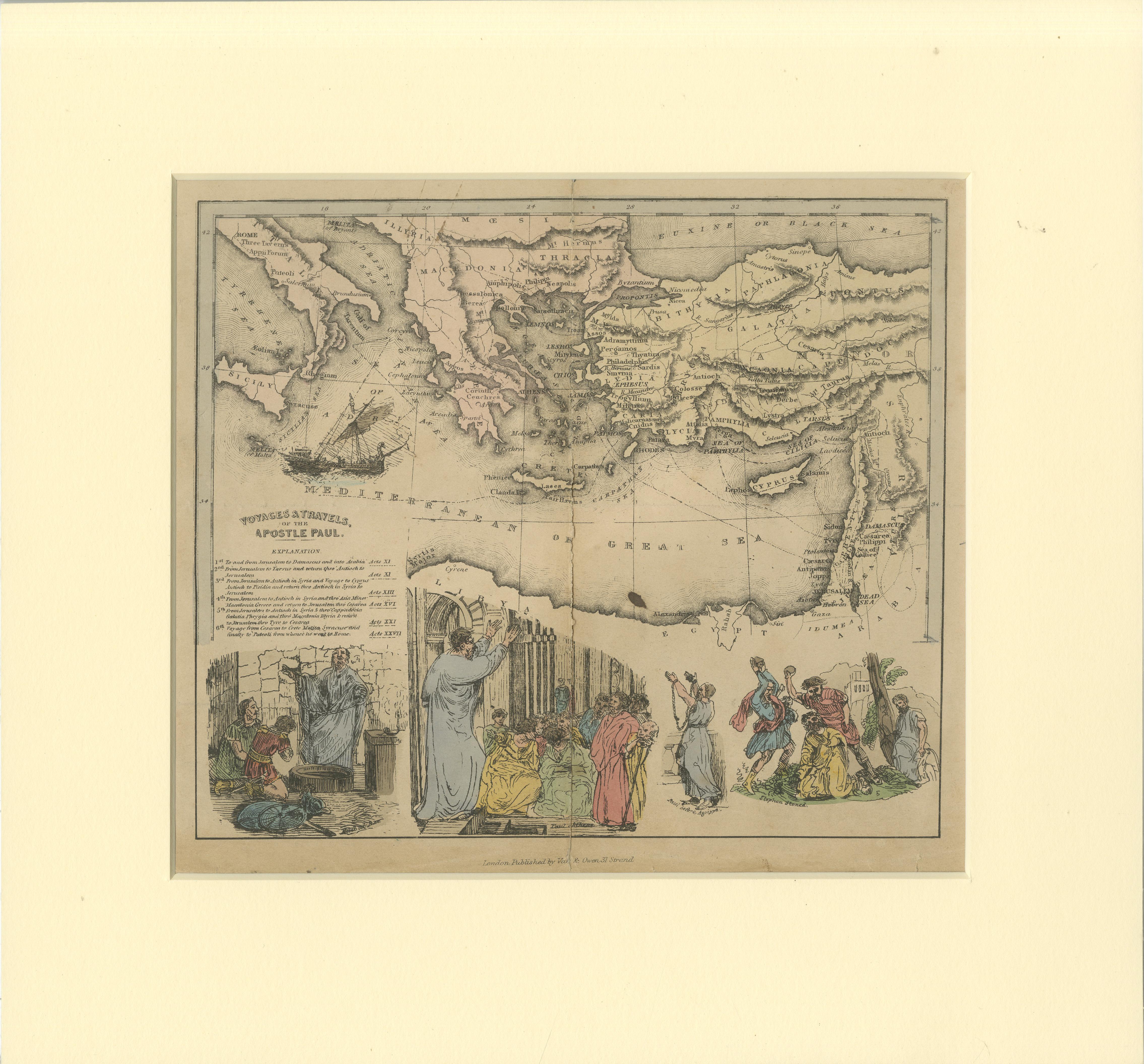 Two maps in matting board. From the Pictorial Bible Atlas, published in 1856.

Title for Map 1: Voyages and Travels of Apostle Paul – Illustrated Antique Map  

This hand-colored antique map depicts the voyages of Apostle Paul, tracing his journeys