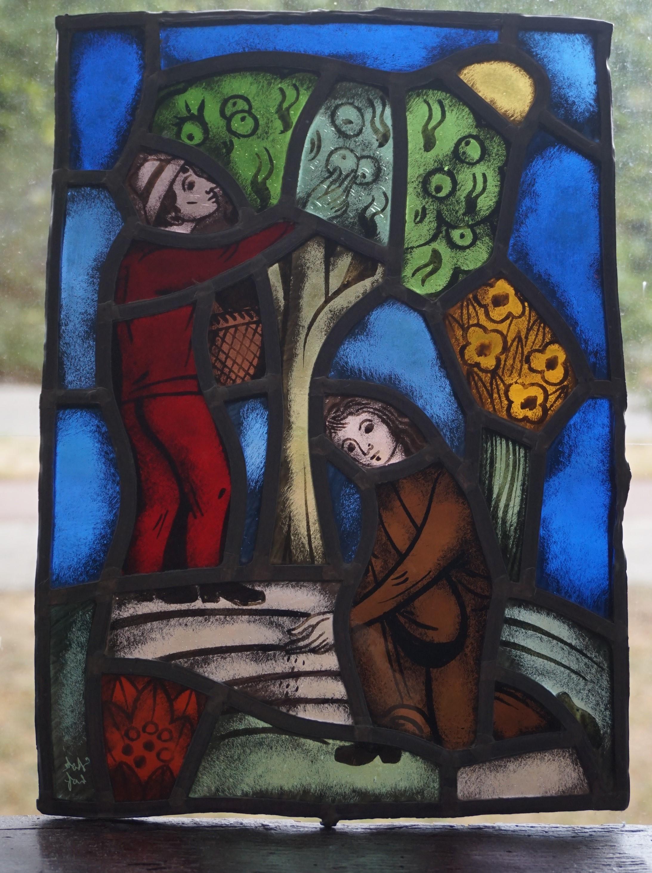 Very rare work of religous art by Abraham Petrus Stokhof de Jong (1911-1966).

From the moment that Abraham Stokhof left the Rijksakademie for applied arts in Amsterdam the orders started coming in. He specialized in leaded and stained glass