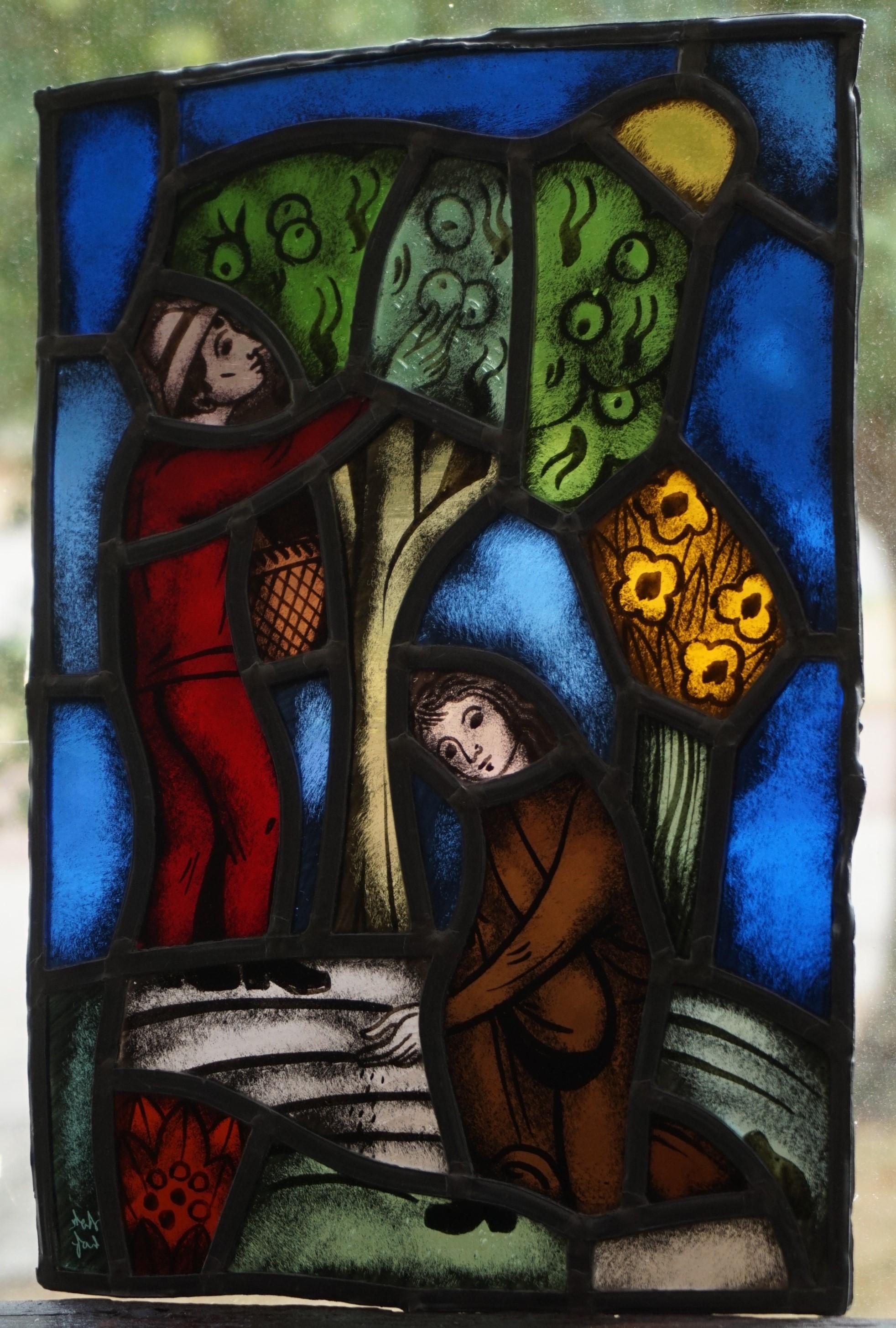 20th Century Biblical 'You Reap What You Sow' Leaded & Stained Glass Panel by Abraham Stokhof