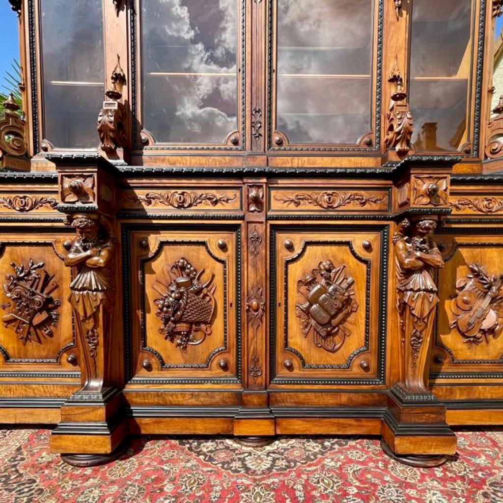 Carved Castle Bookcase in Walnut & Ebony from Napoleon III Period, 19th Century