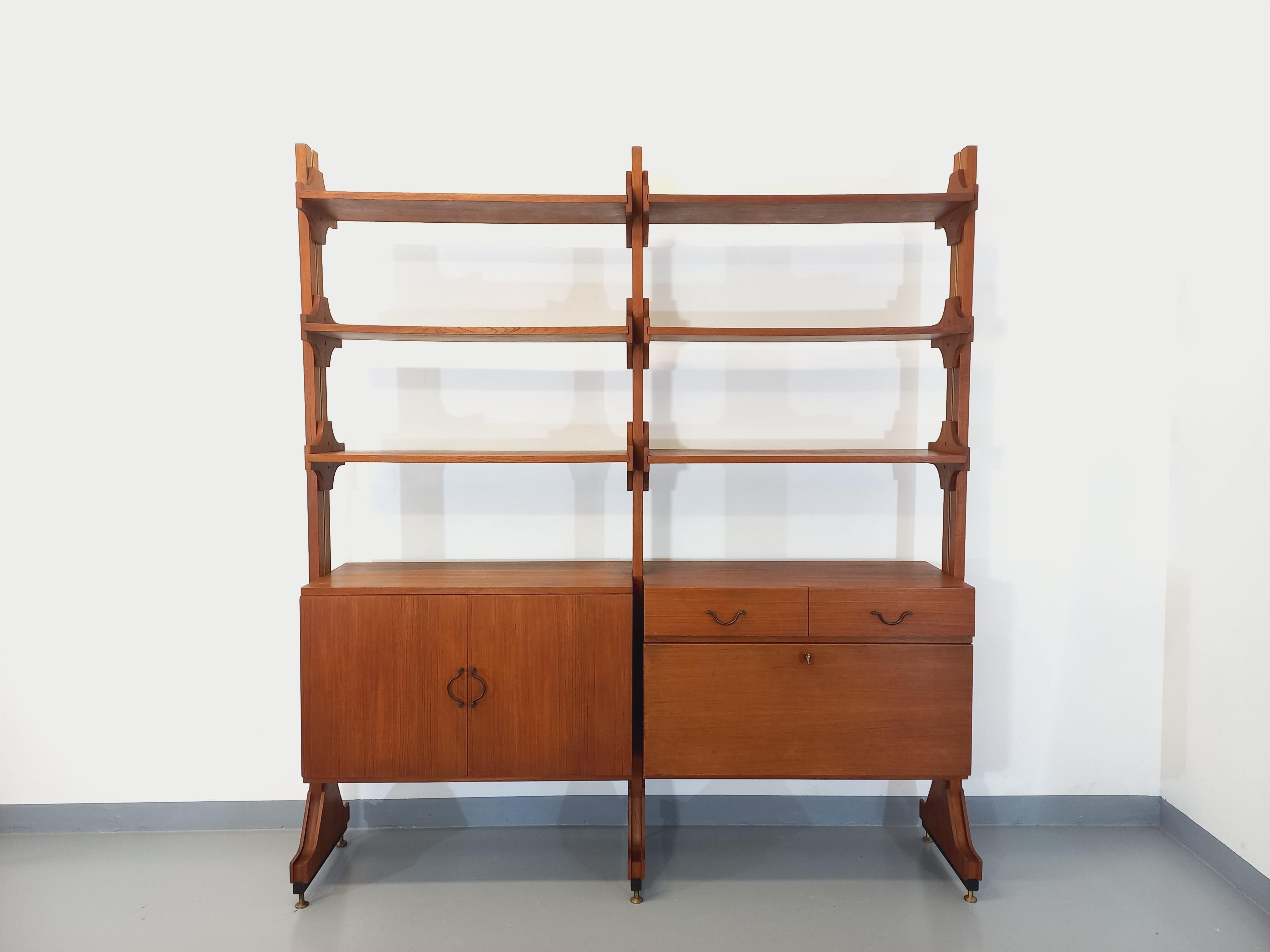 Bibliothèque étagère double modulable vintage en teck des années 60 Metal en venta
