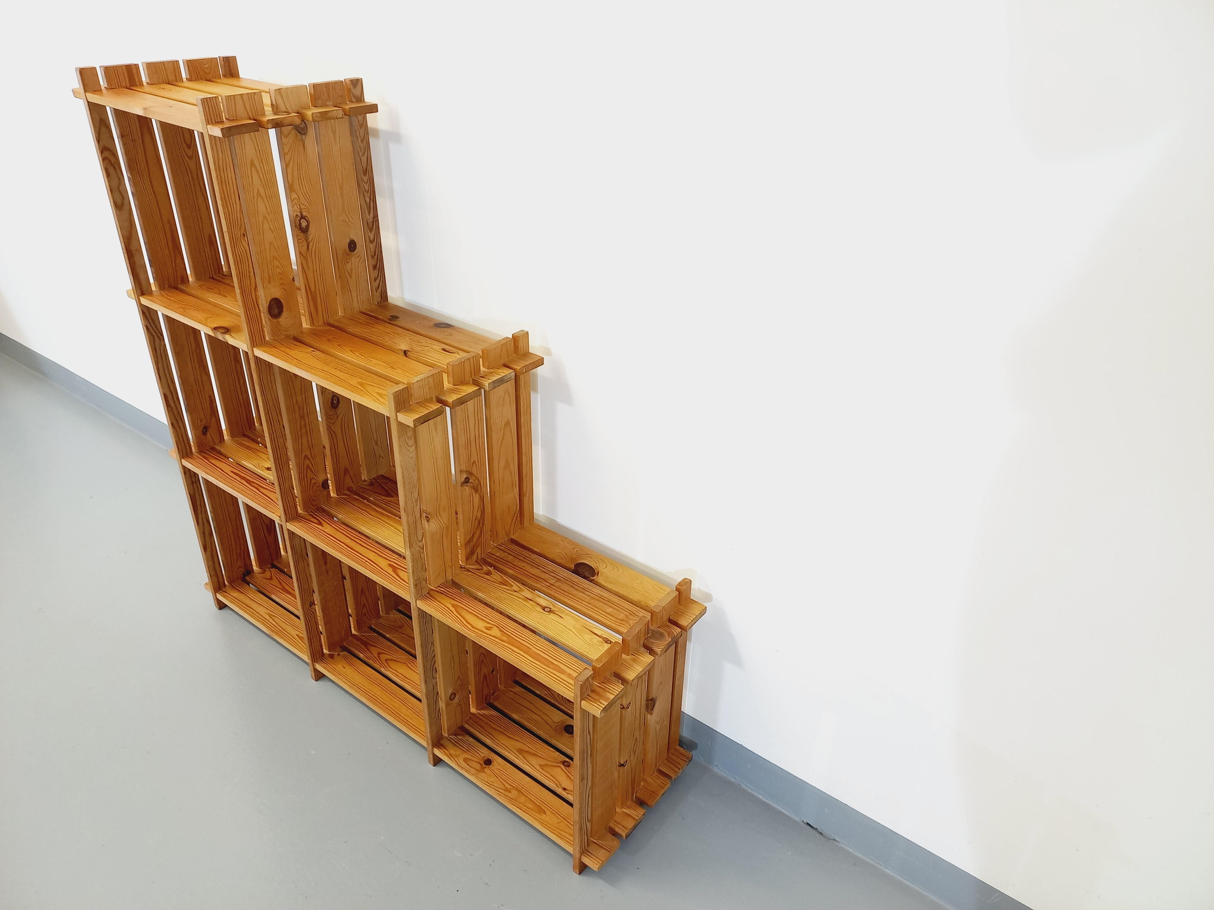 Pino Biblioteca con scala mobile in legno vintage degli anni '80 in stile Maison in vendita