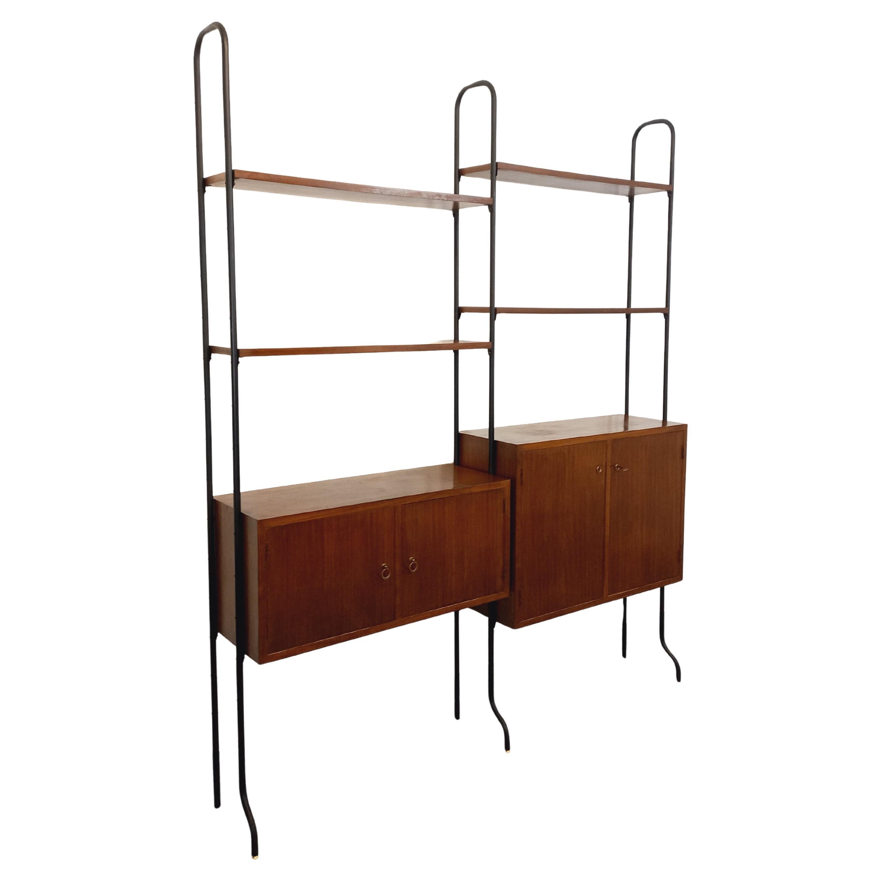 Bibliothèque étagère italienne double modulable vintage en bois et métal