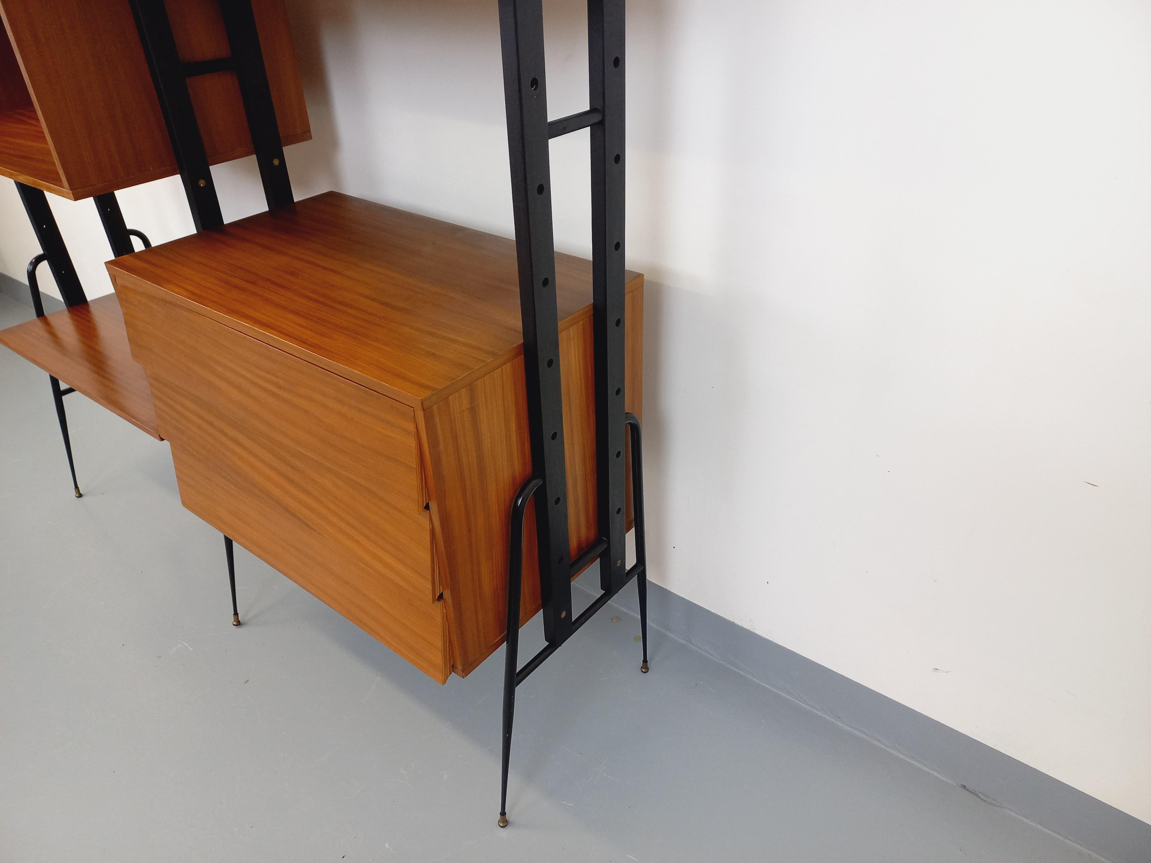 Bibliothèque étagère italienne double modulable vintage en teck et métal 5