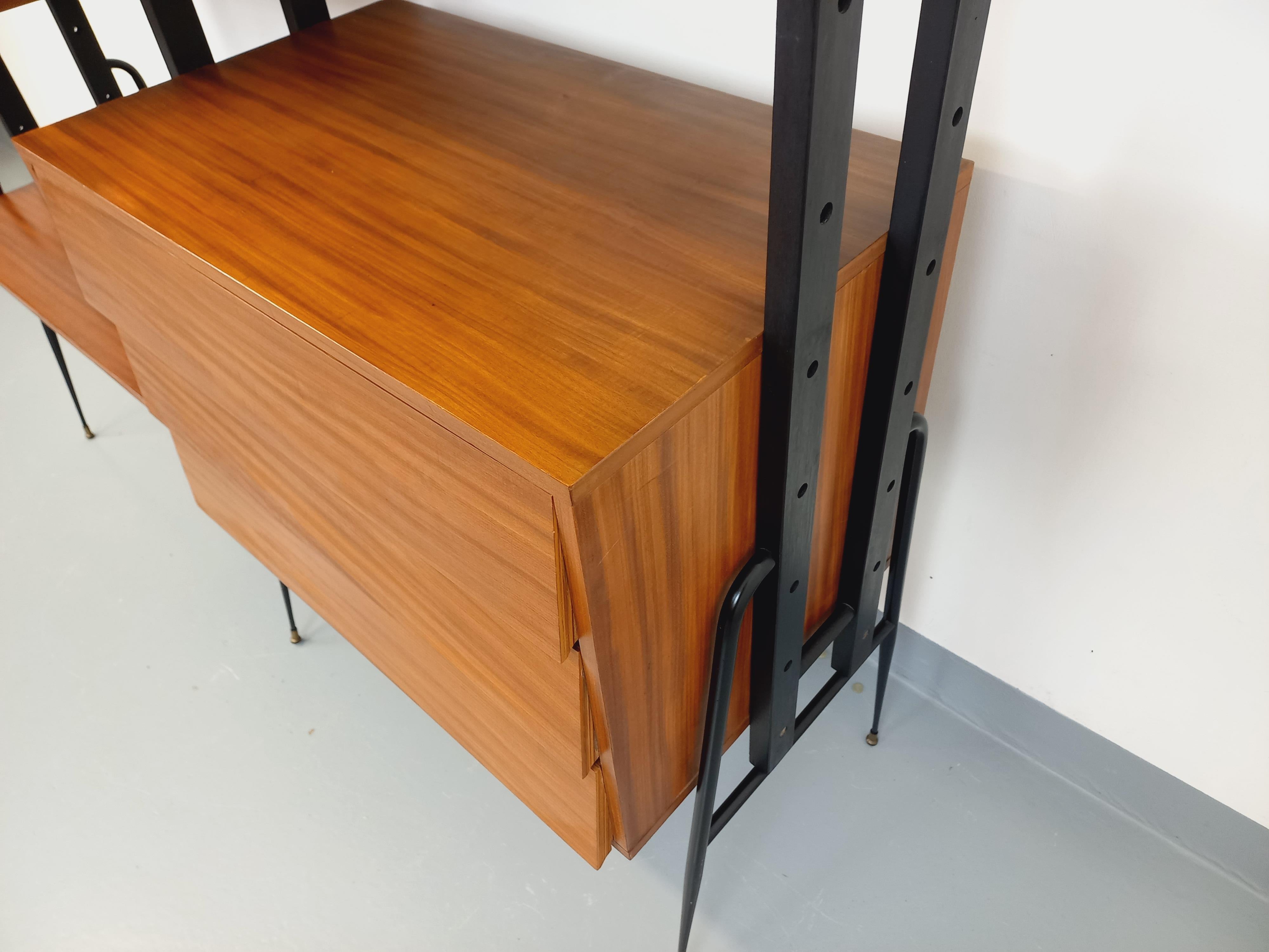 Bibliothèque étagère italienne double modulable vintage en teck et métal 7