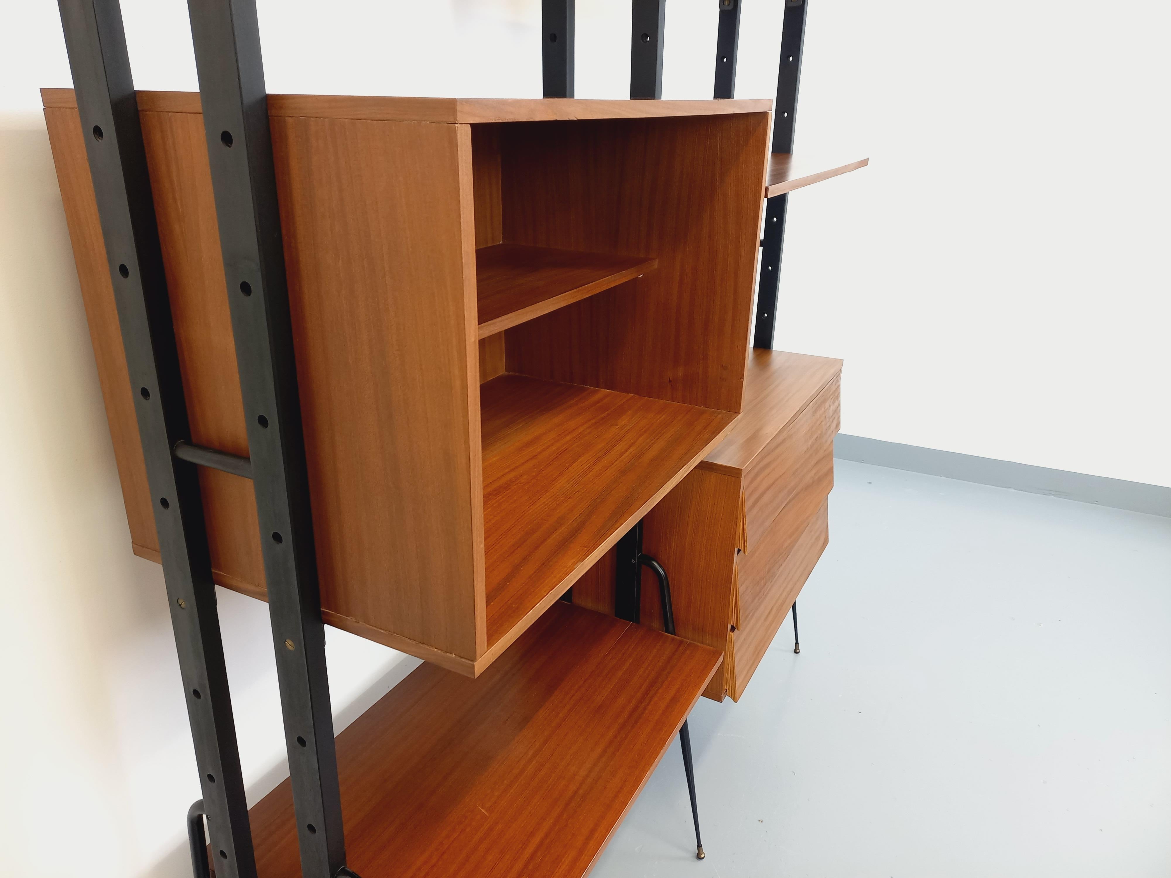 Bibliothèque étagère italienne double modulable vintage en teck et métal 9