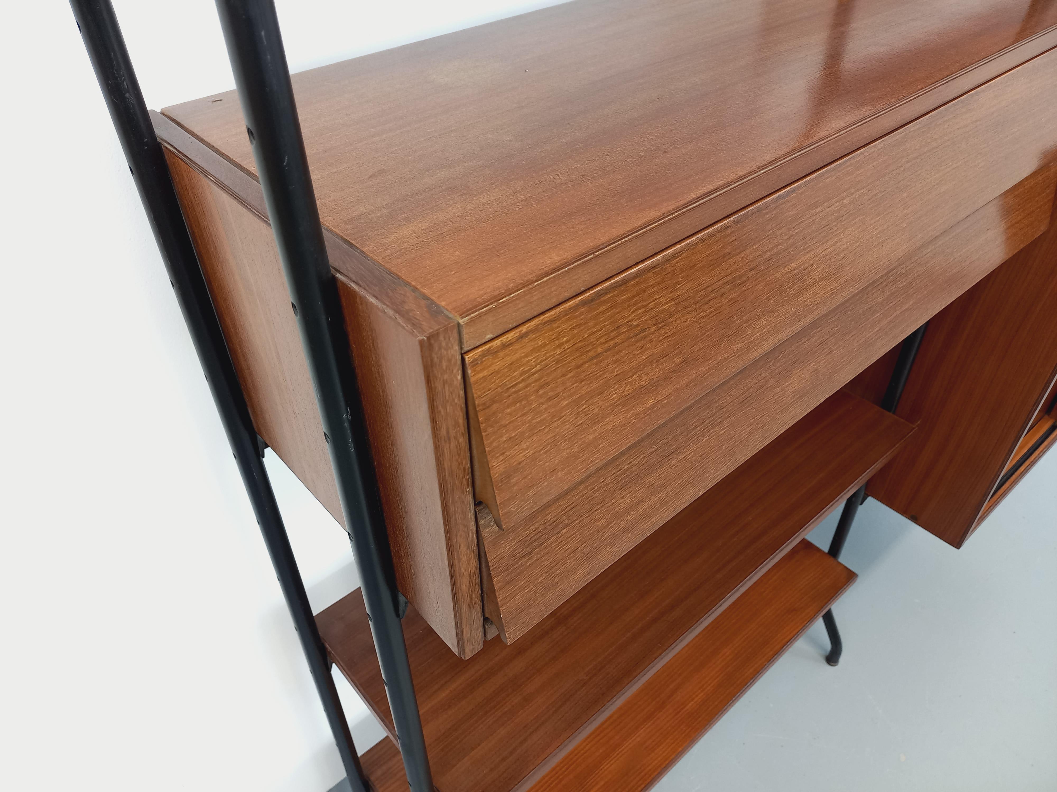 Bibliothèque étagère italienne double modulable vintage en teck et métal 11