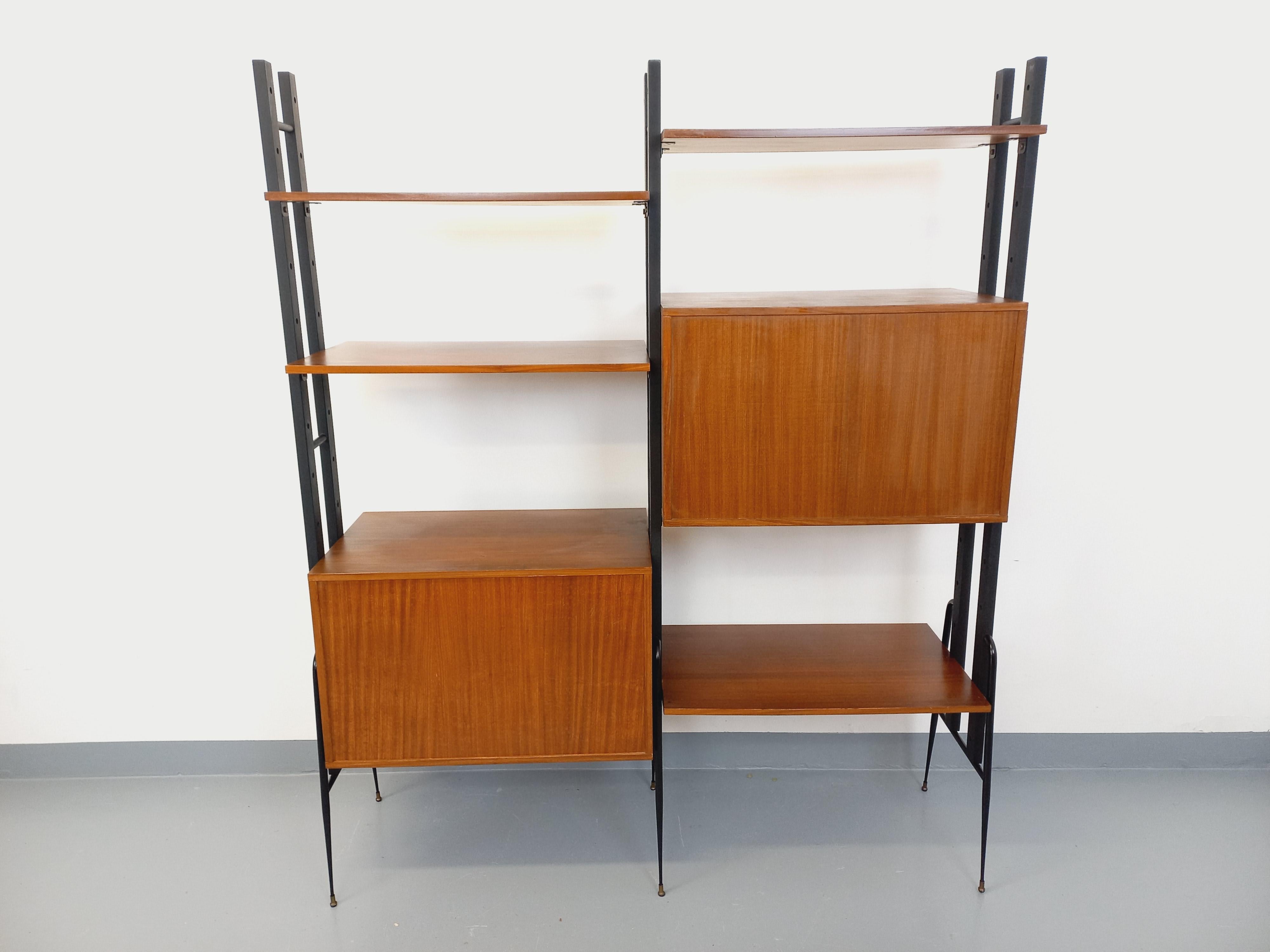 Bibliothèque étagère italienne double modulable vintage en teck et métal 11
