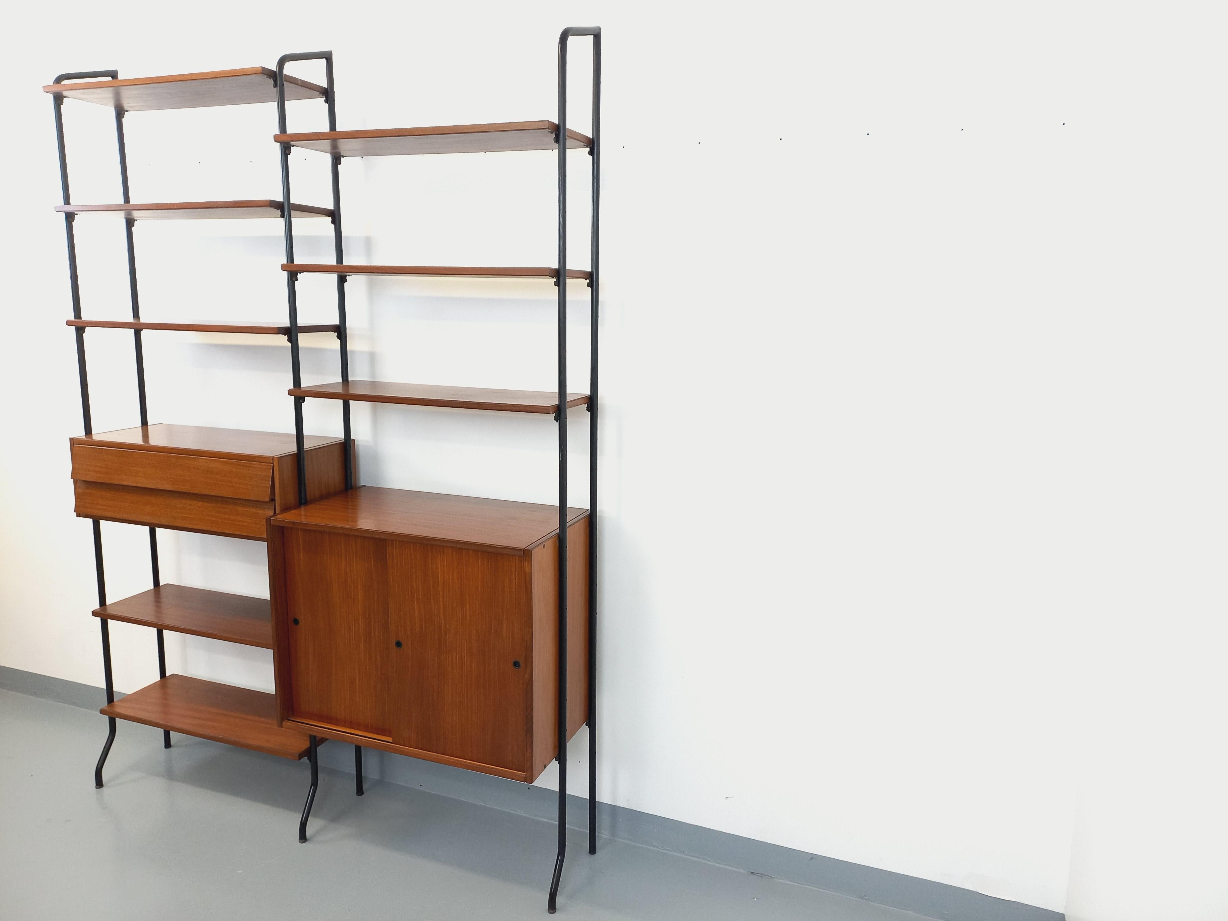 Bibliothèque étagère italienne double modulable vintage en teck et métal 13