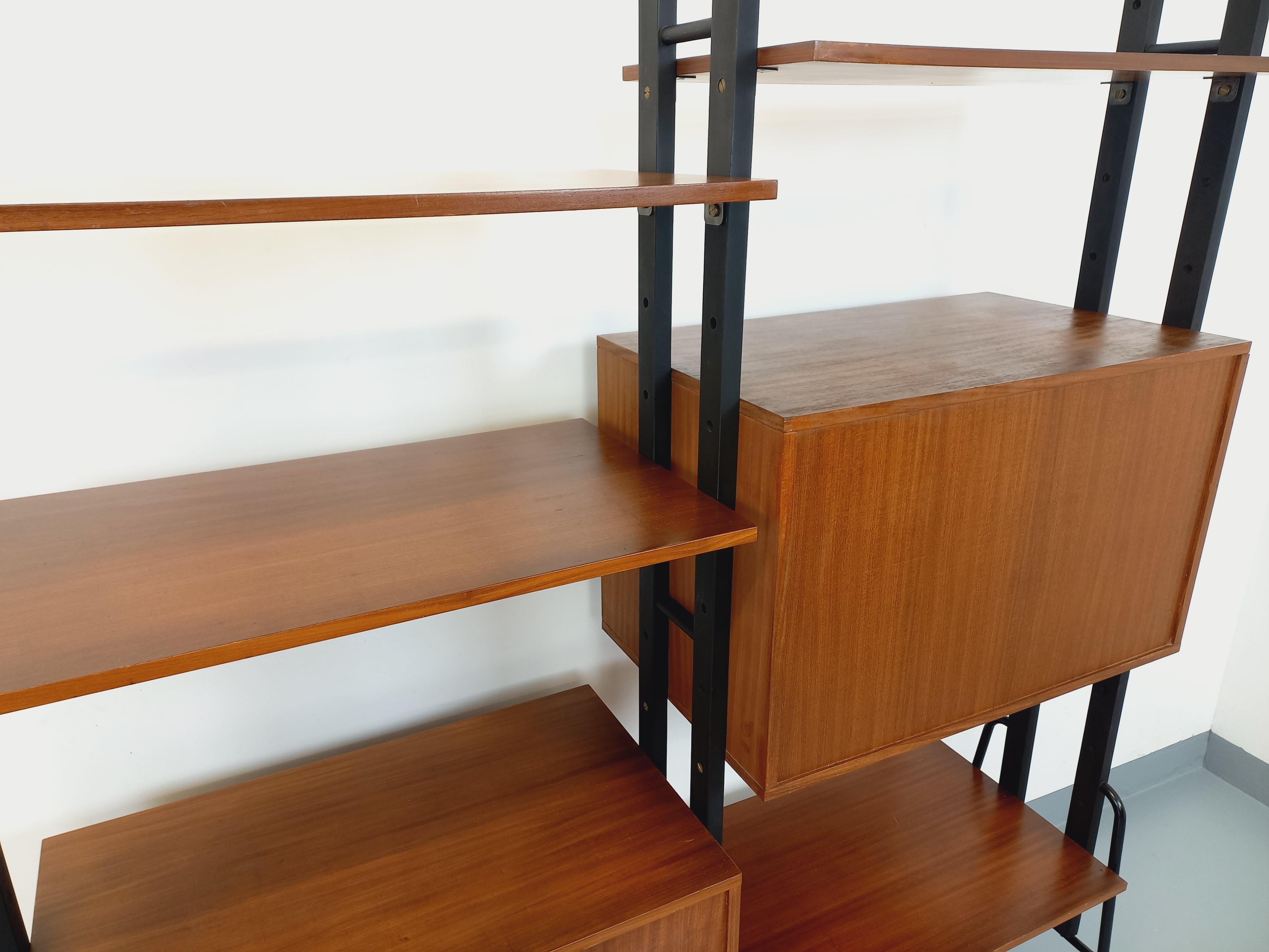 Bibliothèque étagère italienne double modulable vintage en teck et métal 12