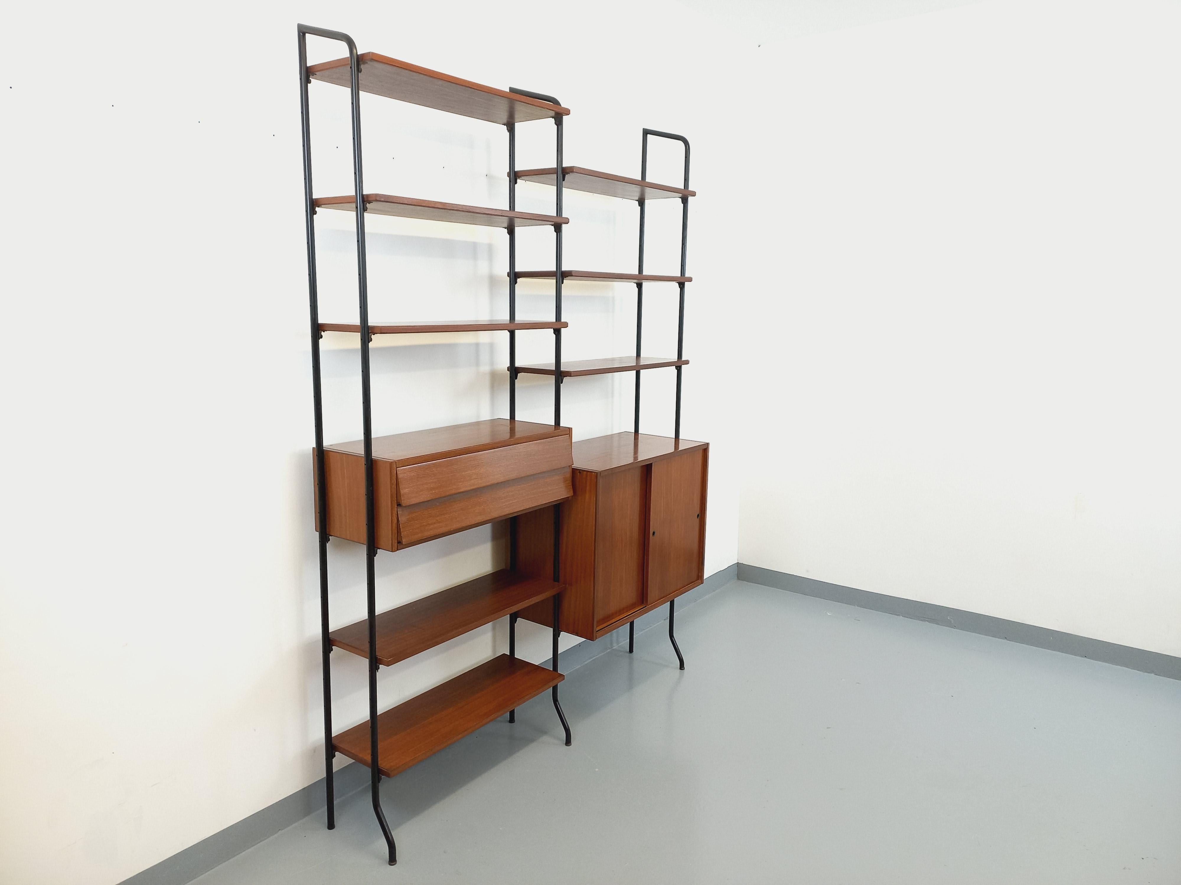 Bibliothèque étagère italienne double modulable vintage en teck et métal 14
