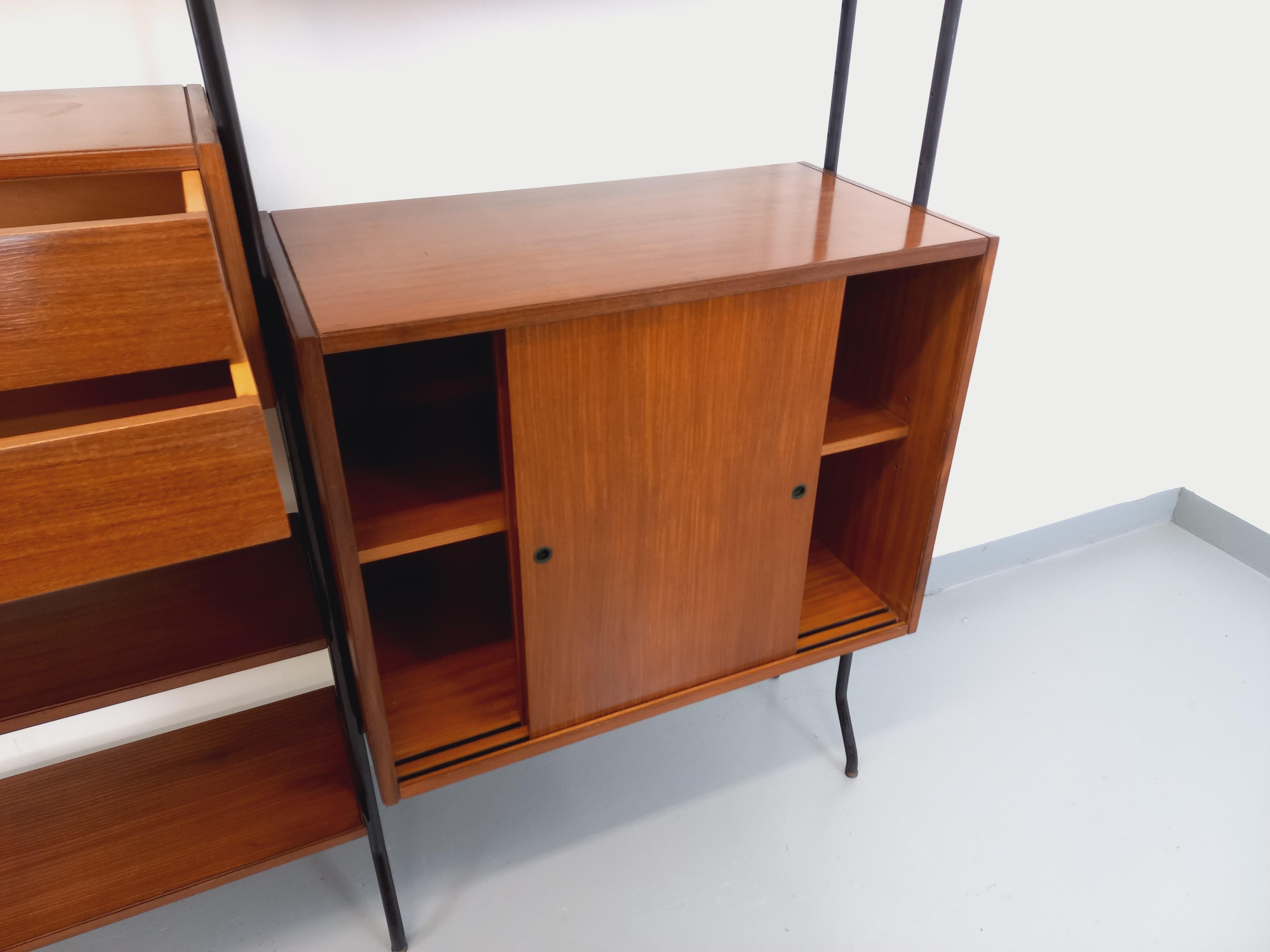 Mid-Century Modern Bibliothèque étagère italienne double modulable vintage en teck et métal