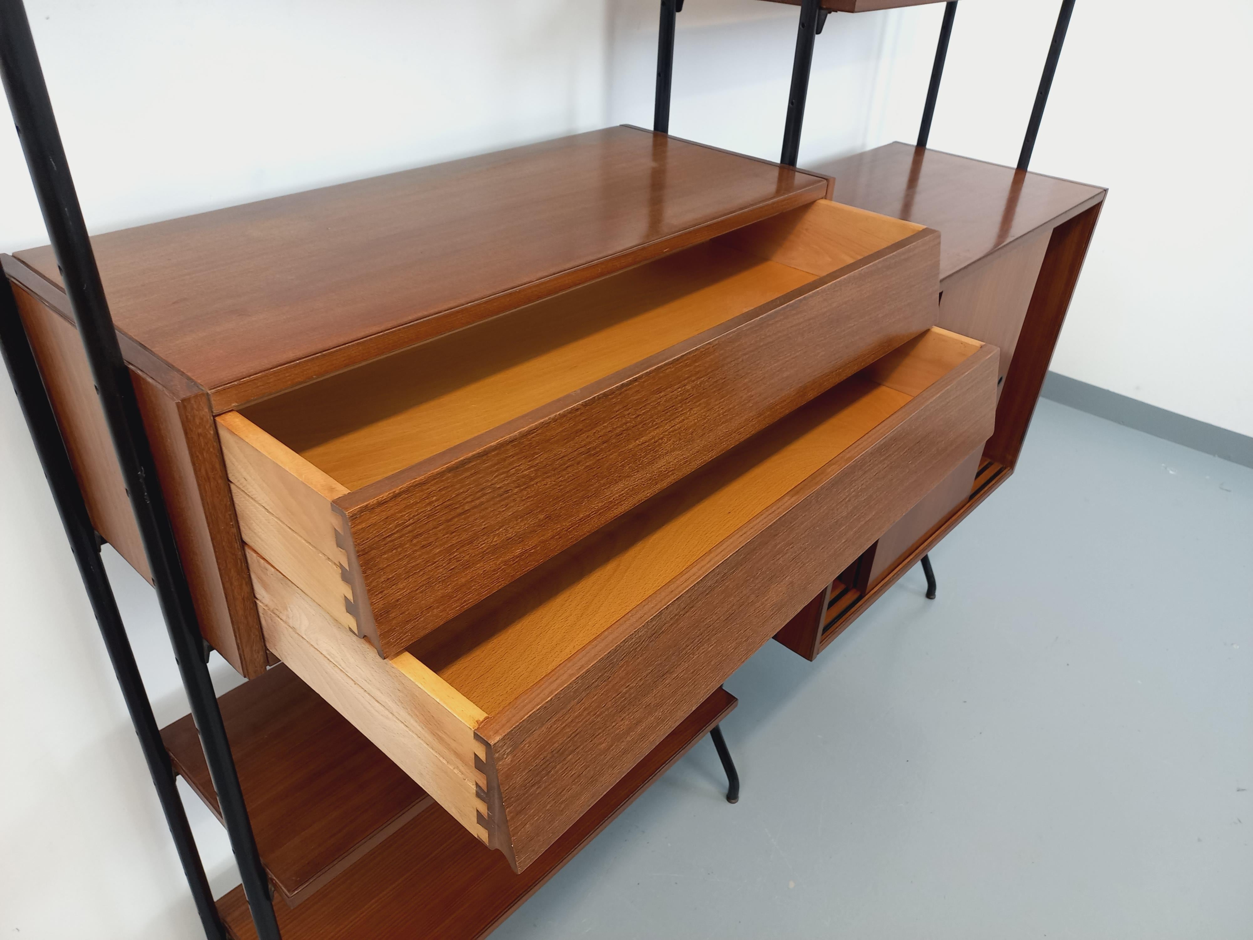 Bibliothèque étagère italienne double modulable vintage en teck et métal Bon état à BESANÇON, FR